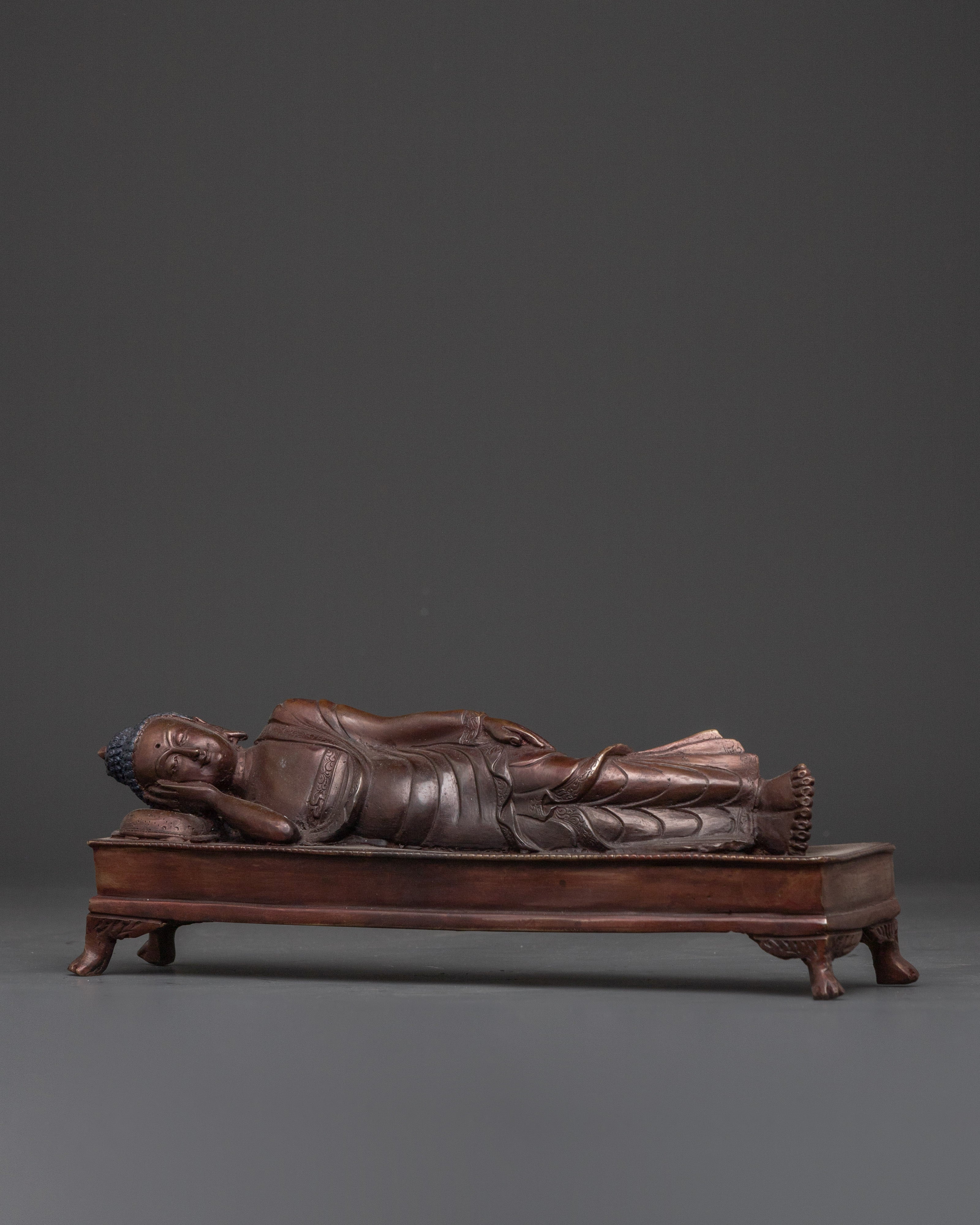 Historical Sleeping Buddha Statue | Handcrafted Oxidized Copper Reclining Buddha Figurine