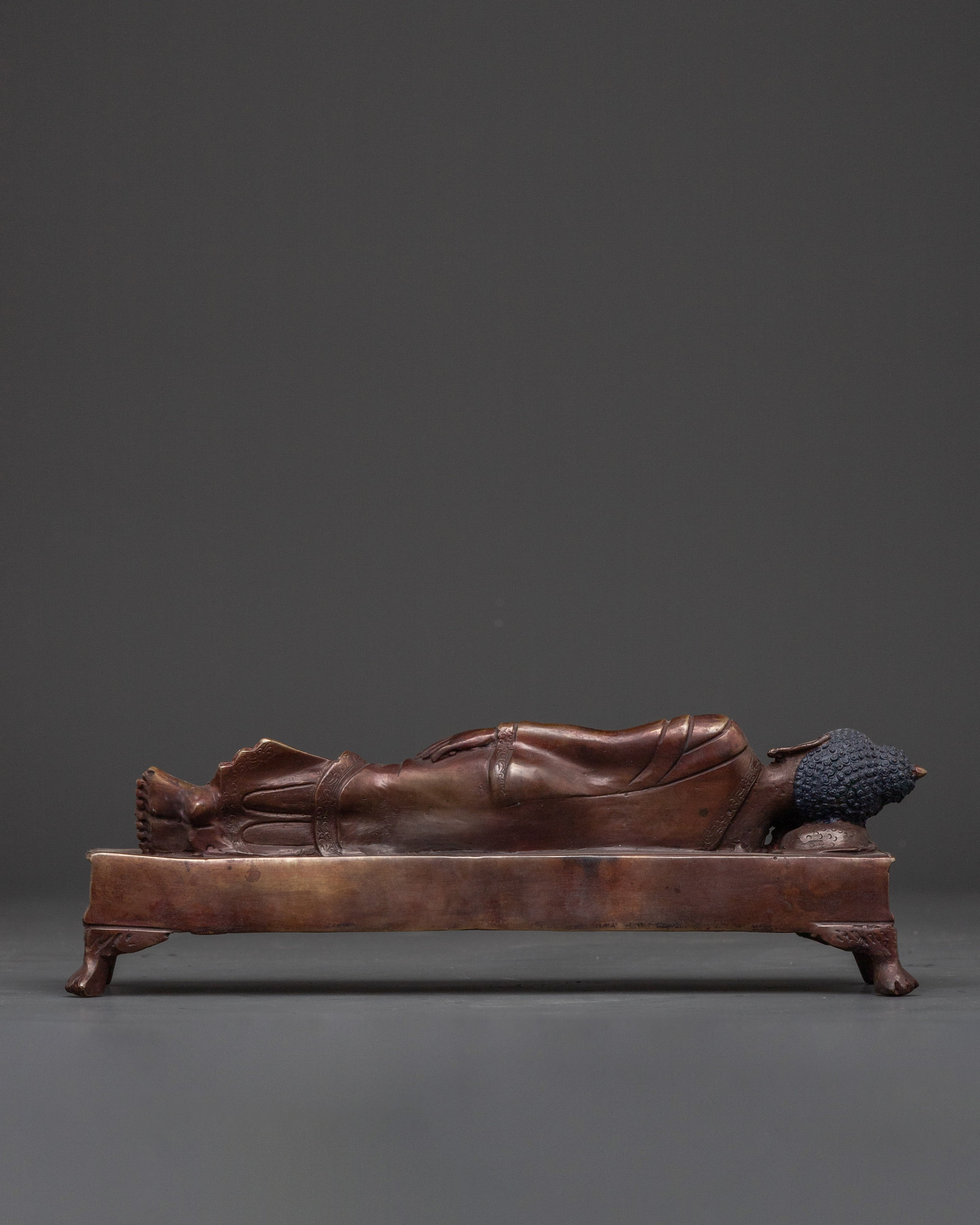 Historical Sleeping Buddha Statue | Handcrafted Oxidized Copper Reclining Buddha Figurine