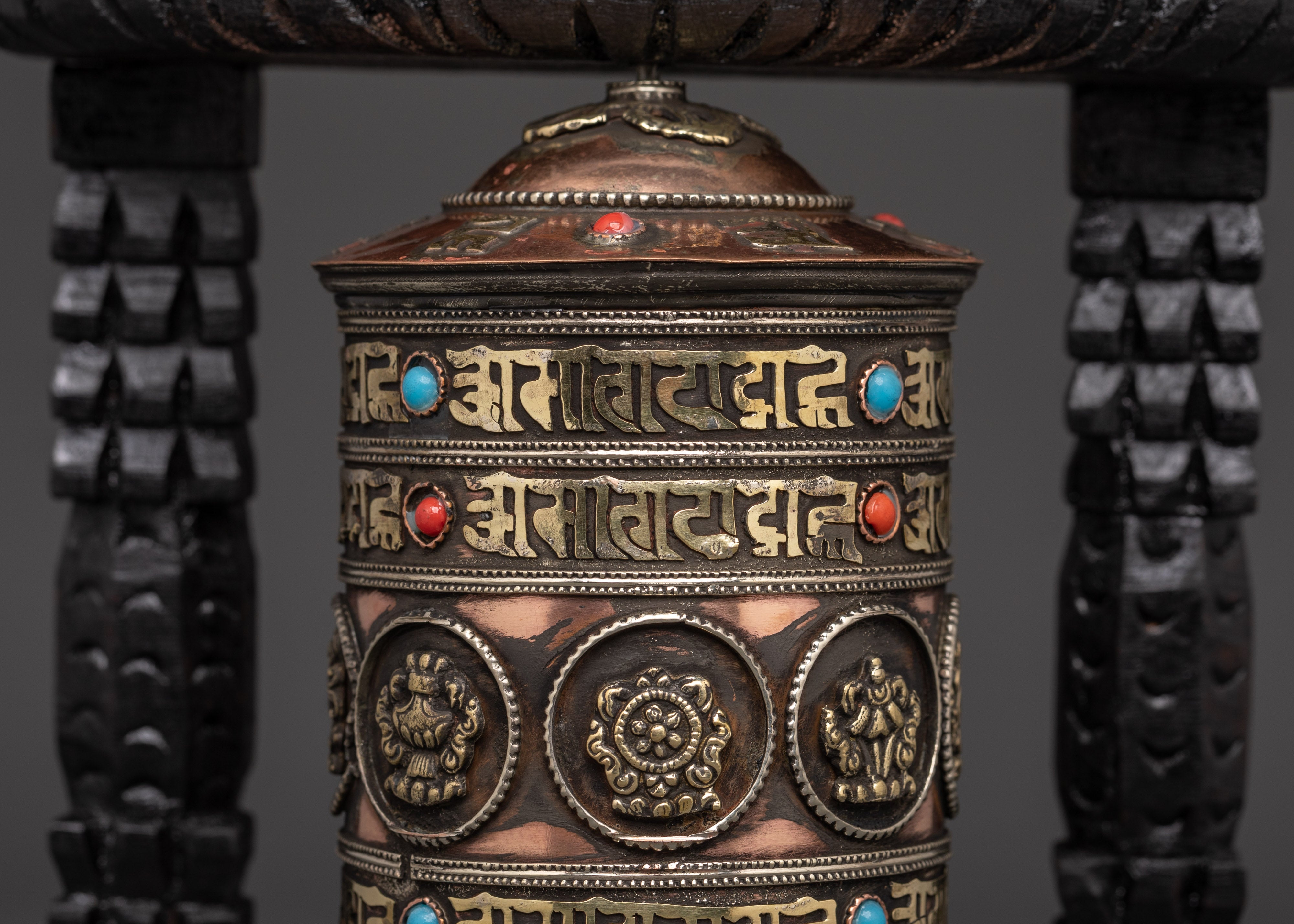 Prayer Wheel Featuring Buddhist Auspicious Symbols | Handcarved Wooden Frame
