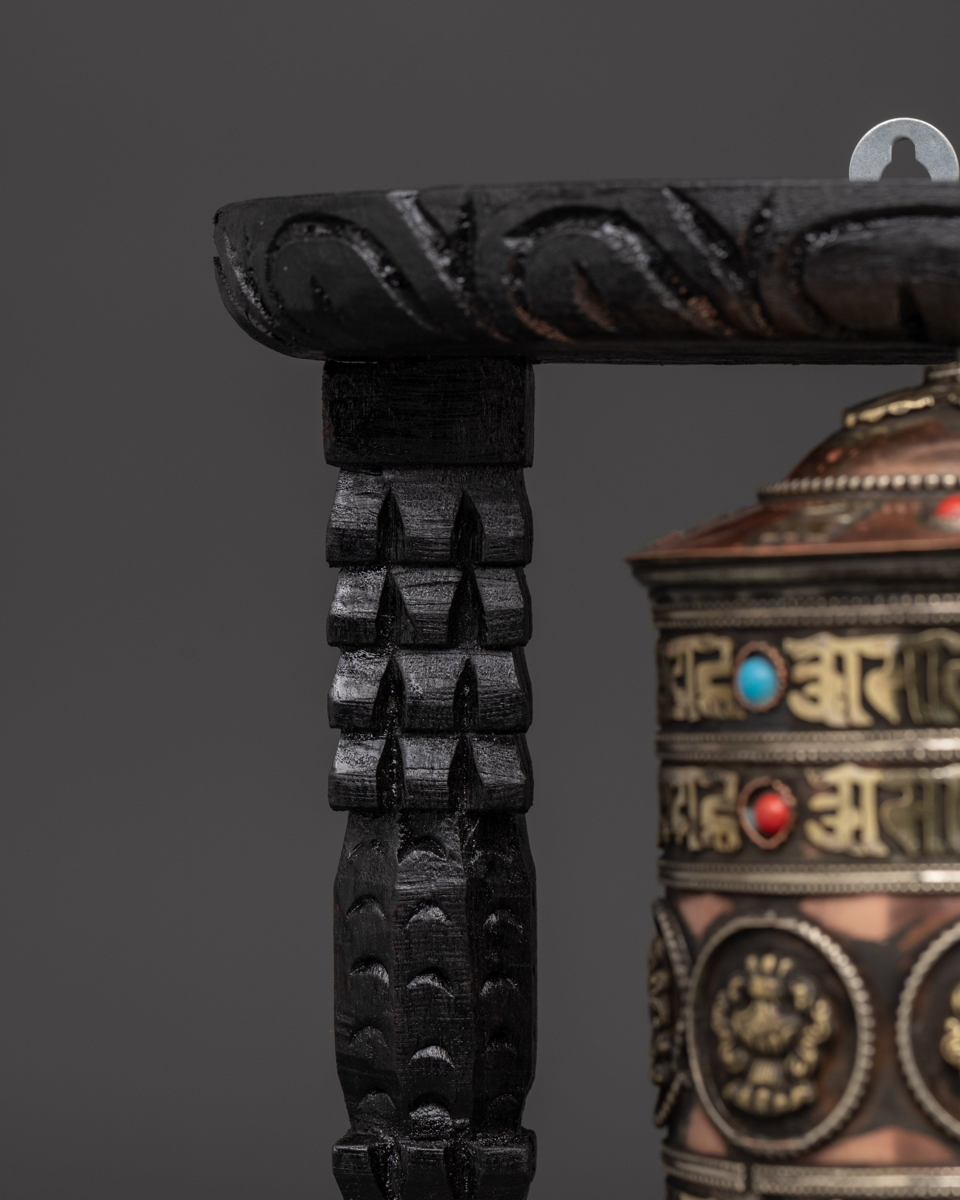 Prayer Wheel Featuring Buddhist Auspicious Symbols | Handcarved Wooden Frame