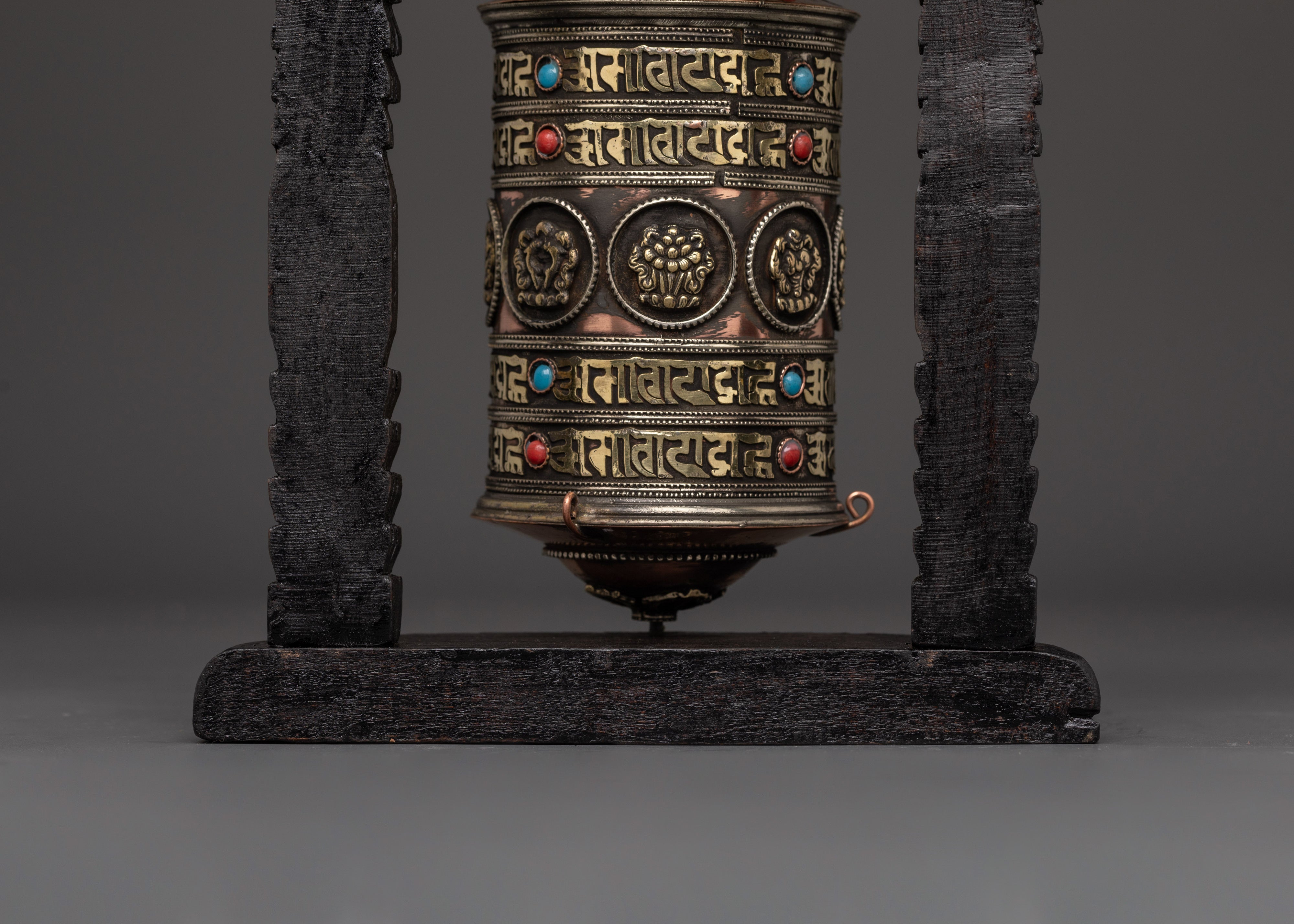 Prayer Wheel Featuring Buddhist Auspicious Symbols | Handcarved Wooden Frame