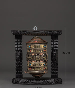 Prayer Wheel Featuring Buddhist Auspicious Symbols | Handcarved Wooden Frame