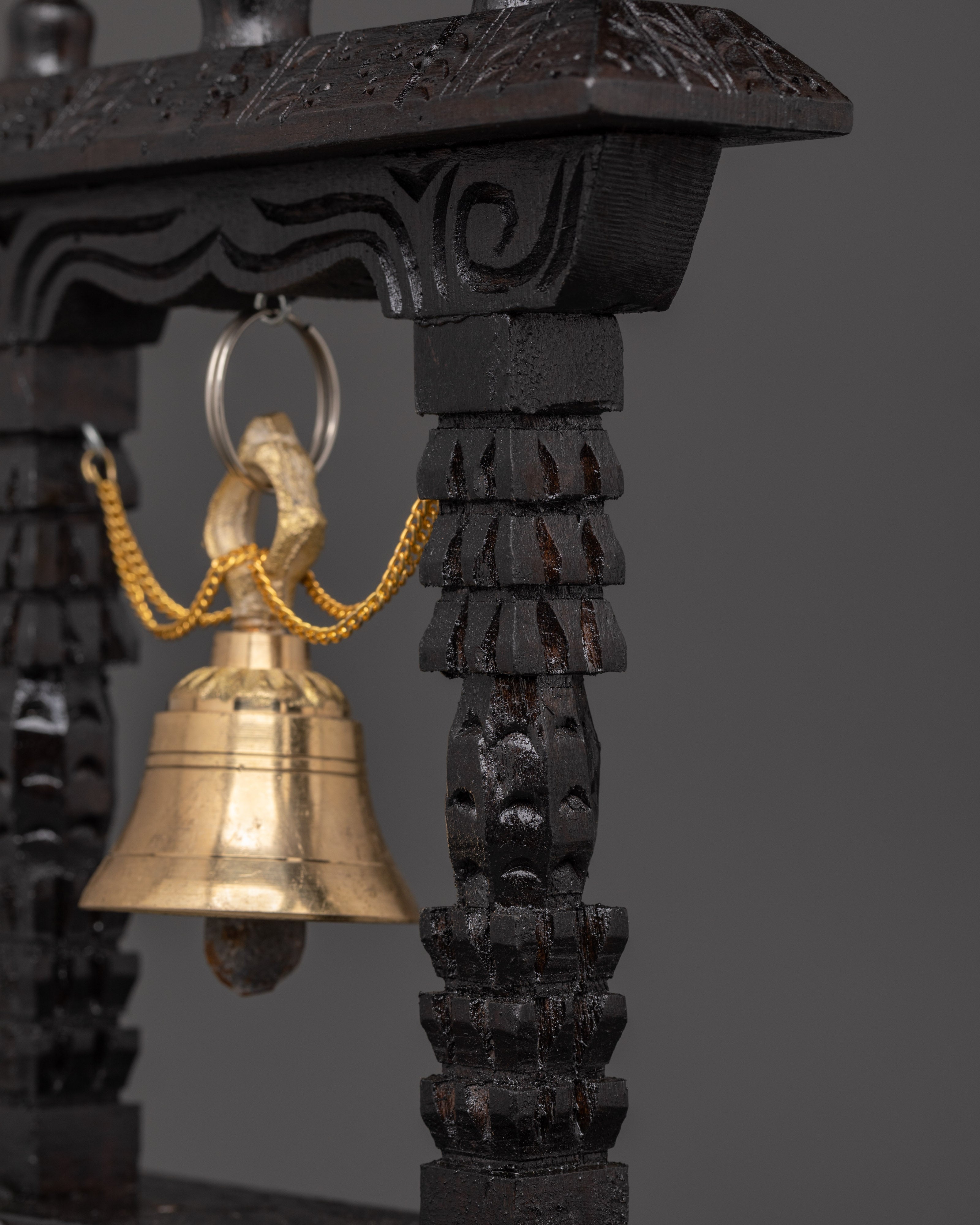 Traditional Buddhist Hanging Bell Decor | Hand Carved Wooden Bell Shrine
