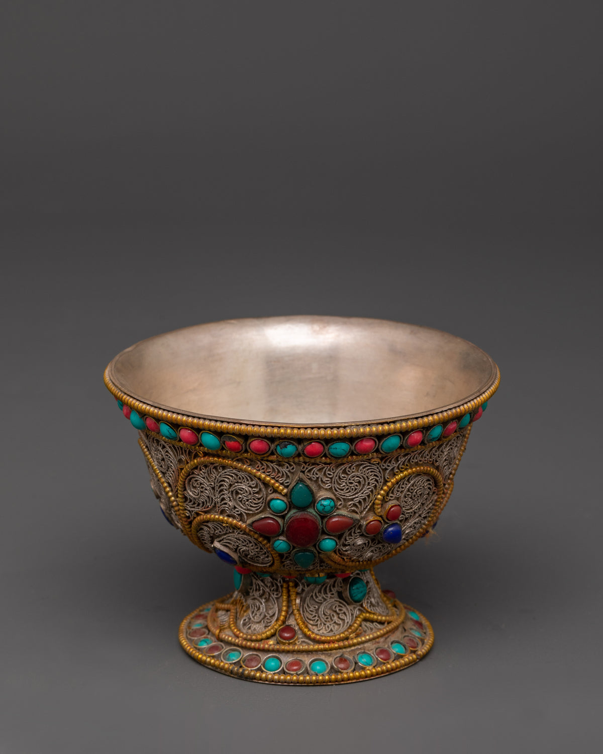 Handcrafted Tibetan Copper Offering Bowl Set | Filigree Bowls with Turquoise Inlay