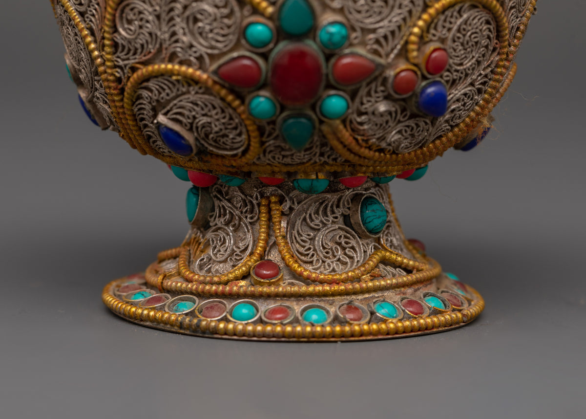 Handcrafted Tibetan Copper Offering Bowl Set | Filigree Bowls with Turquoise Inlay