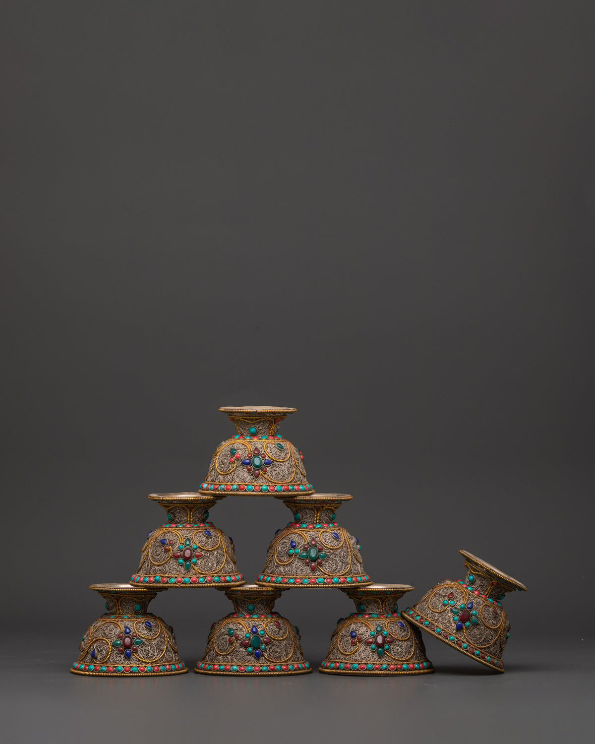 Handcrafted Tibetan Copper Offering Bowl Set | Filigree Bowls with Turquoise Inlay