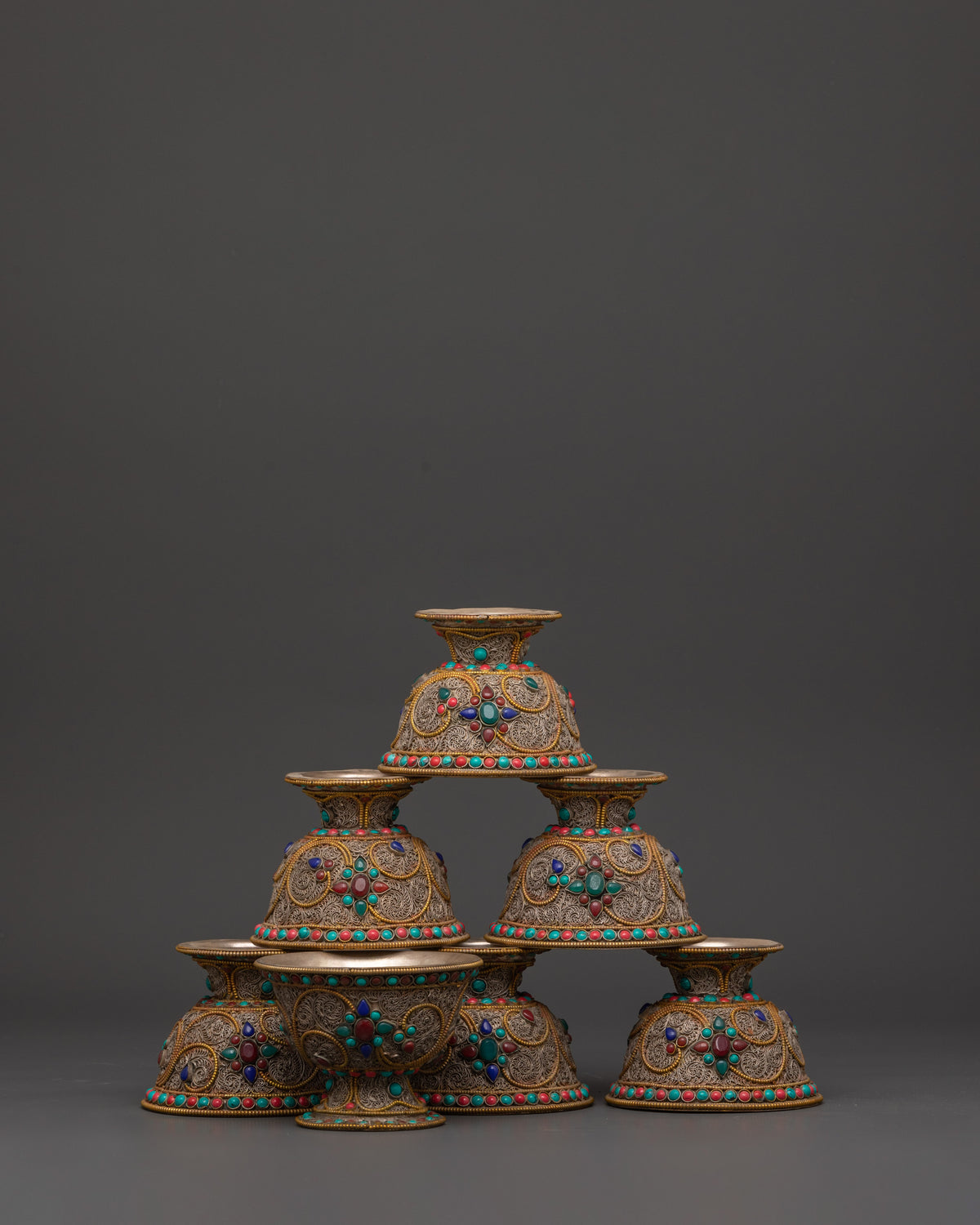 Handcrafted Tibetan Copper Offering Bowl Set | Filigree Bowls with Turquoise Inlay