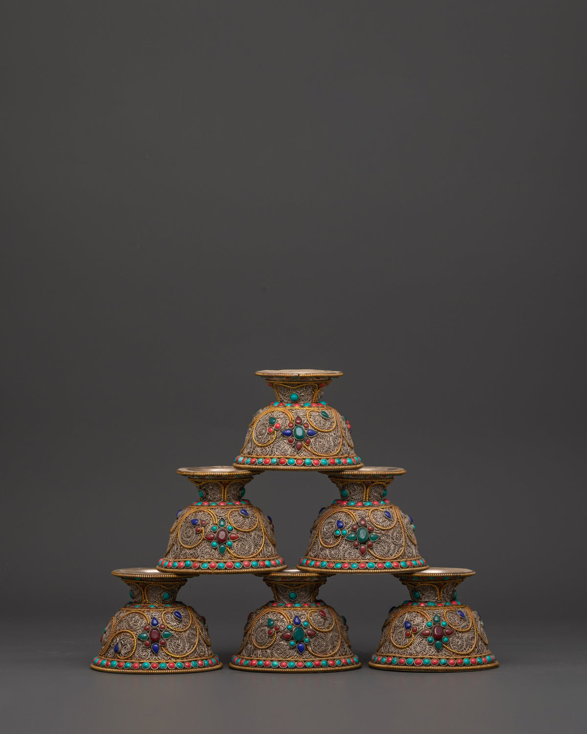 Handcrafted Tibetan Copper Offering Bowl Set | Filigree Bowls with Turquoise Inlay