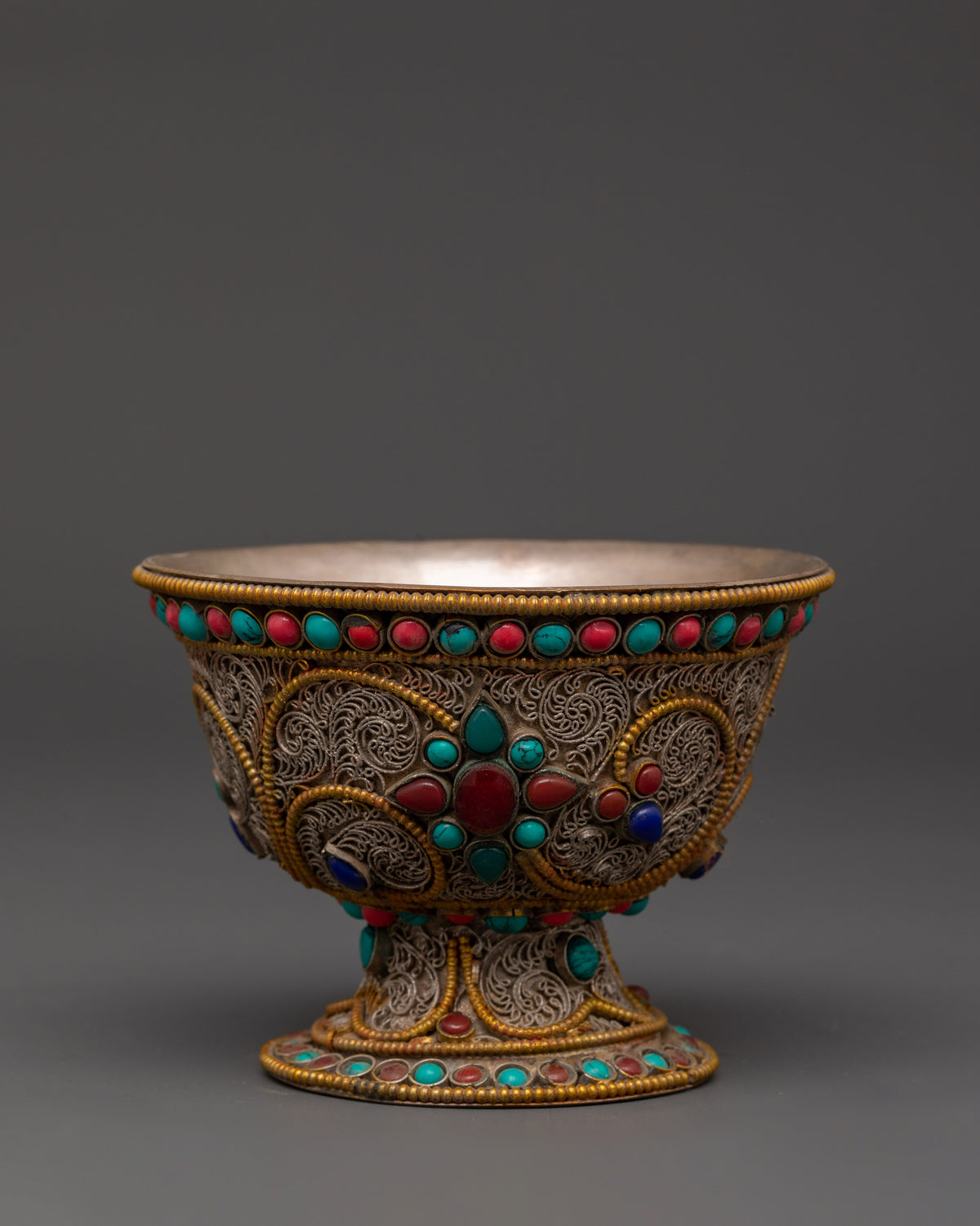 Handcrafted Tibetan Copper Offering Bowl Set | Filigree Bowls with Turquoise Inlay