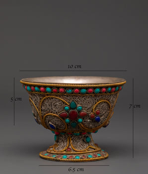 Handcrafted Tibetan Copper Offering Bowl Set | Filigree Bowls with Turquoise Inlay