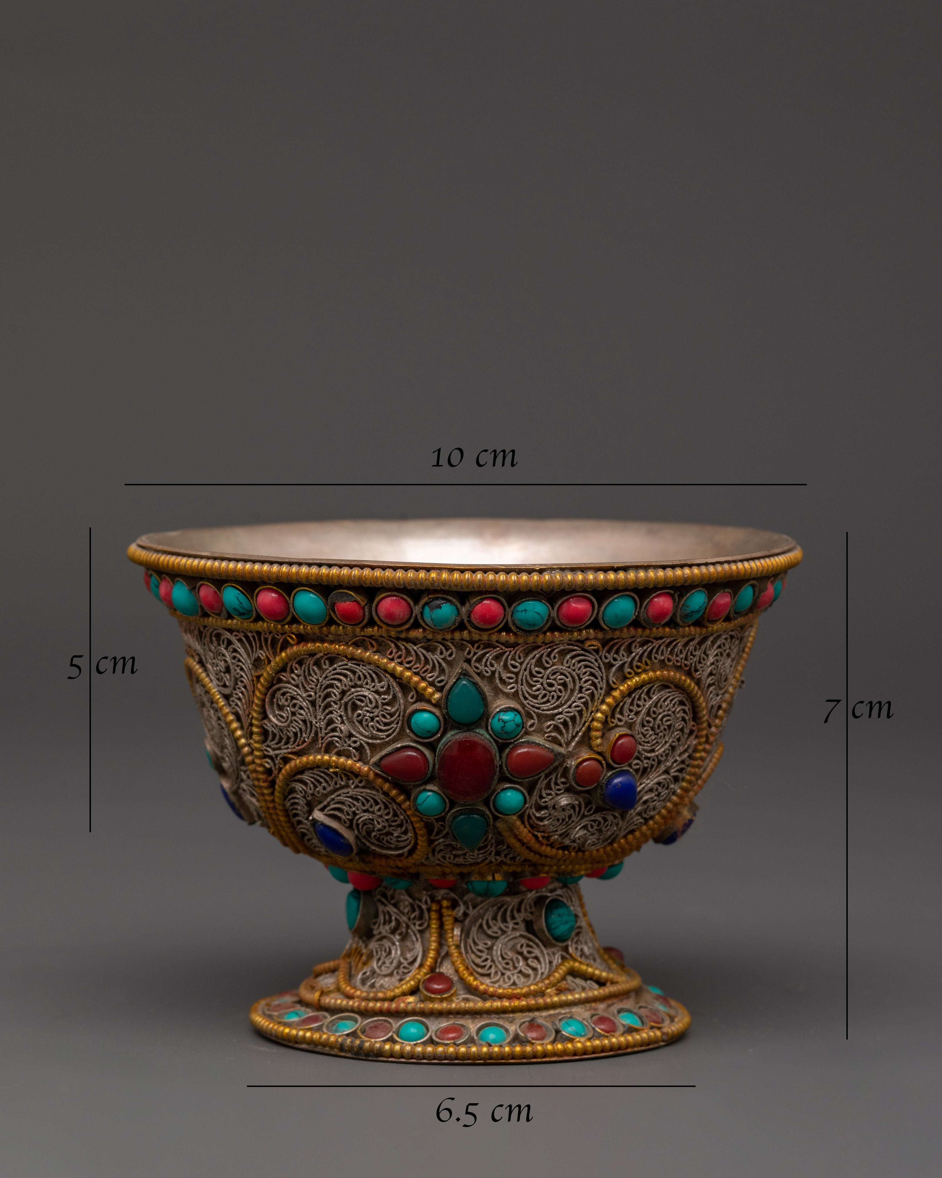 Handcrafted Tibetan Copper Offering Bowl Set | Filigree Bowls with Turquoise Inlay
