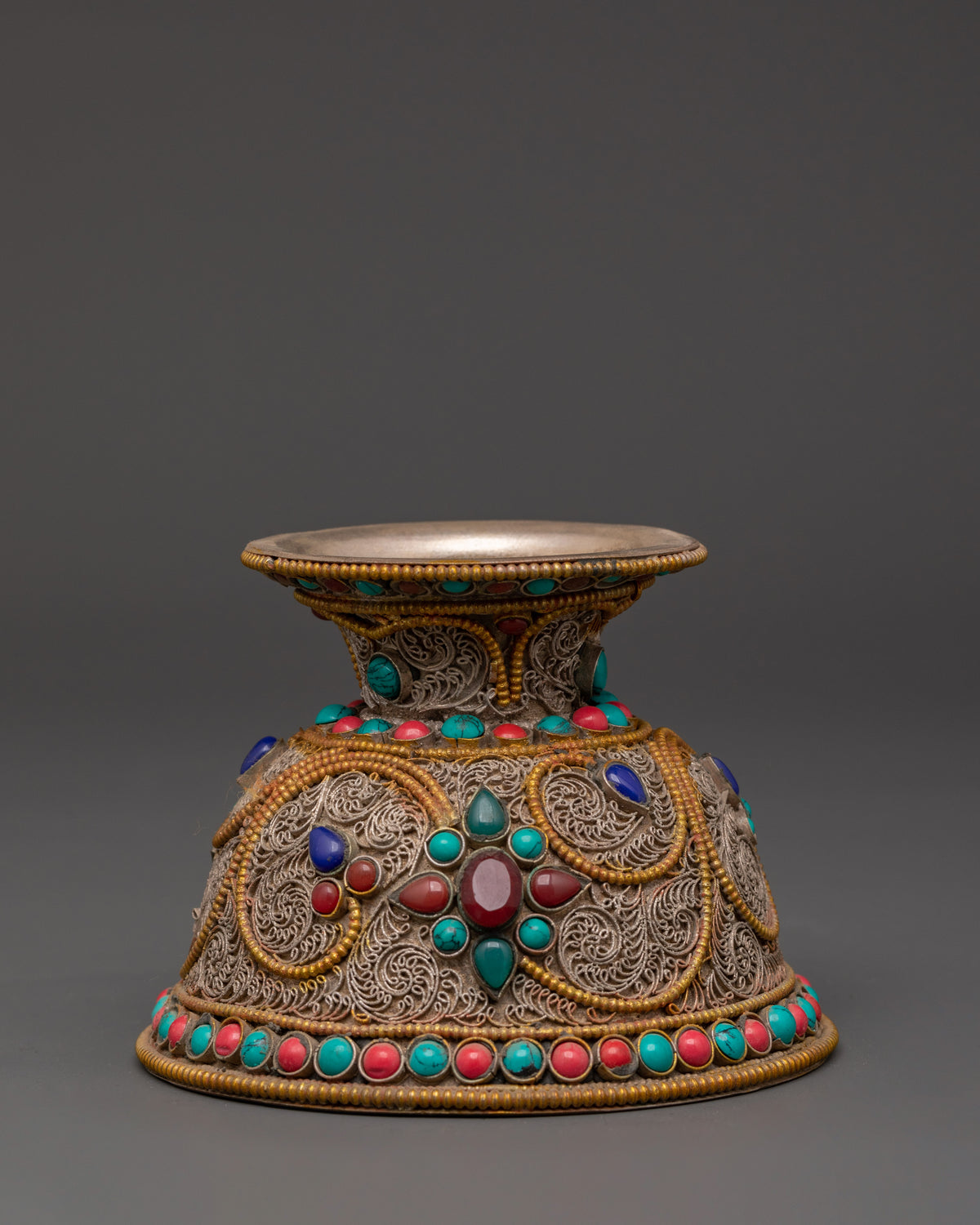 Handcrafted Tibetan Copper Offering Bowl Set | Filigree Bowls with Turquoise Inlay