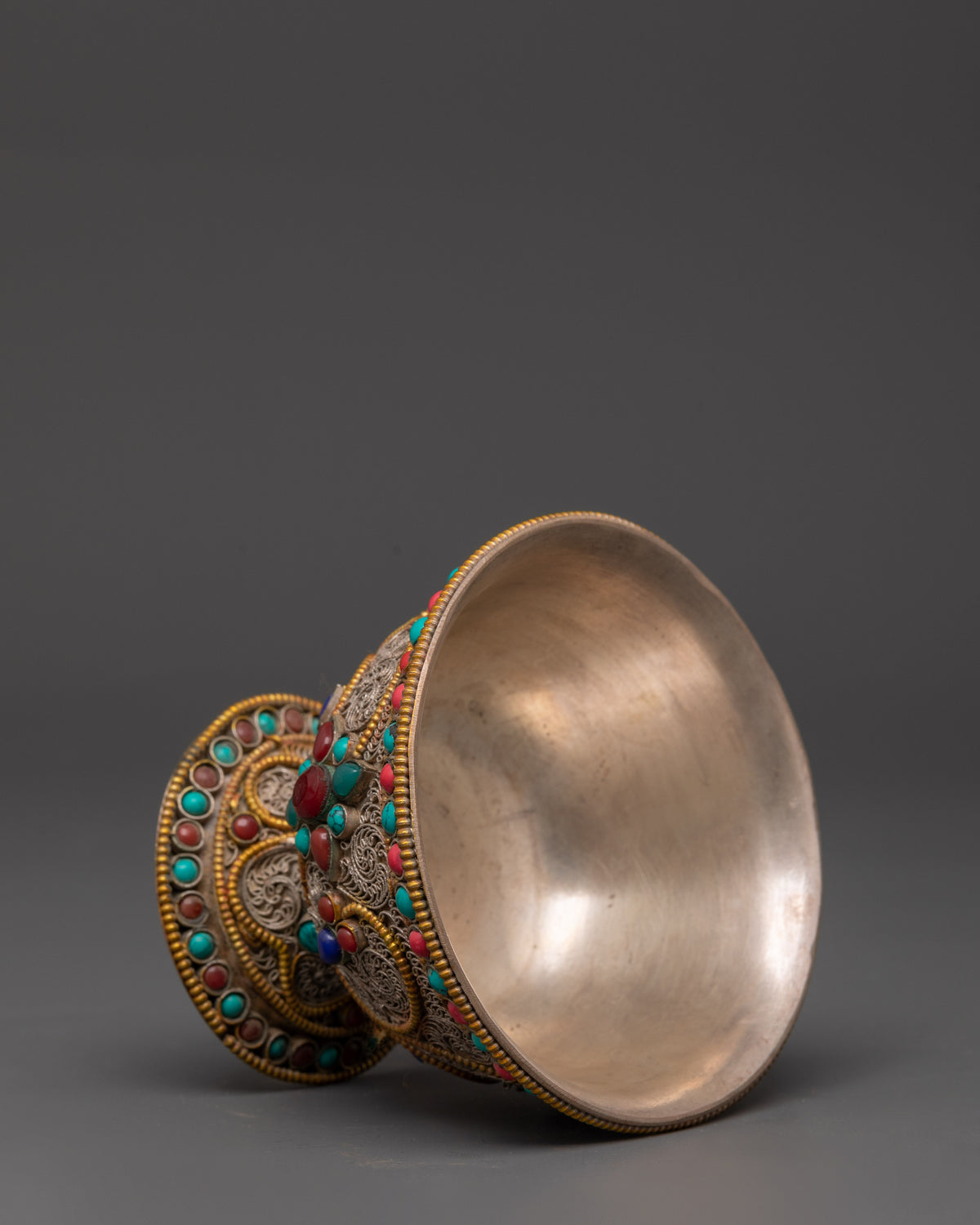 Handcrafted Tibetan Copper Offering Bowl Set | Filigree Bowls with Turquoise Inlay
