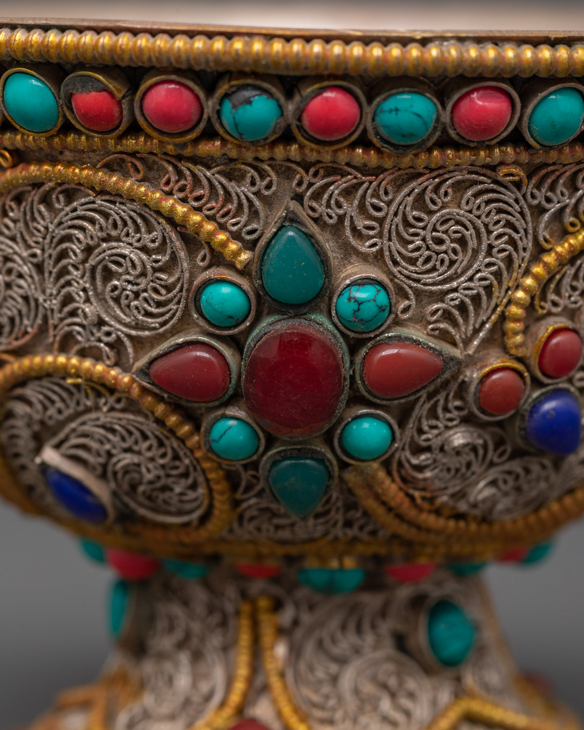 Handcrafted Tibetan Copper Offering Bowl Set | Filigree Bowls with Turquoise Inlay