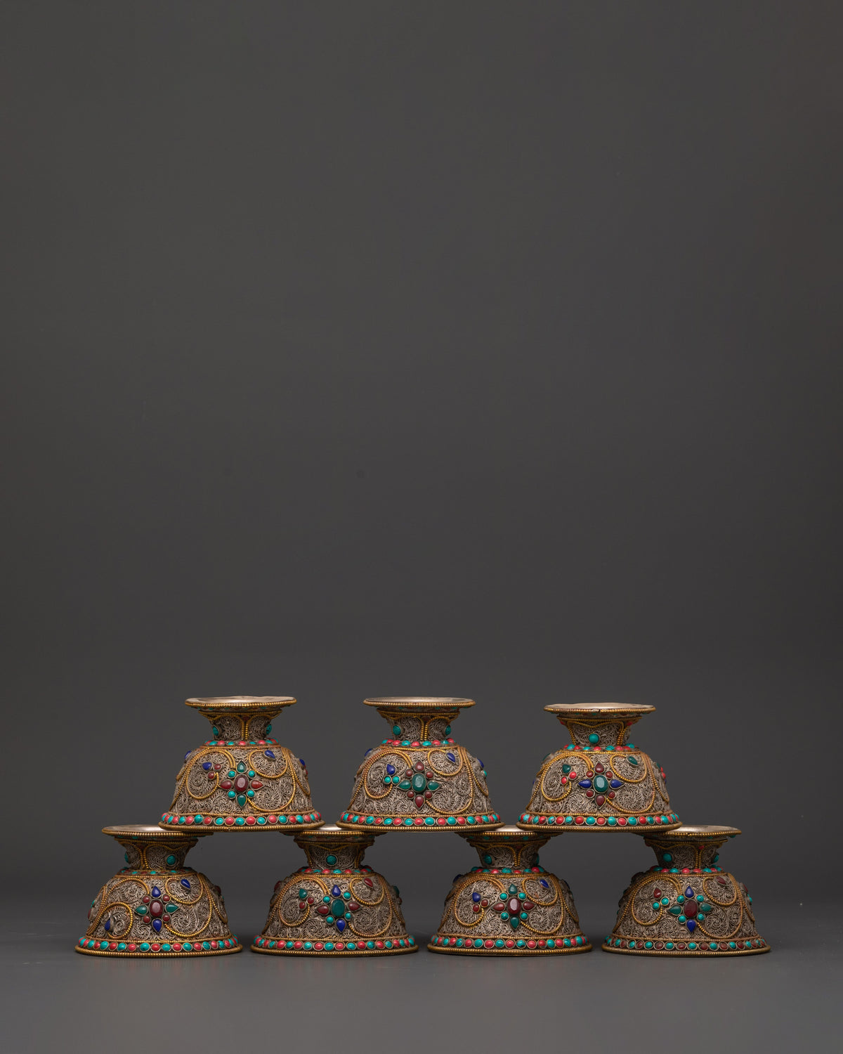 Handcrafted Tibetan Copper Offering Bowl Set | Filigree Bowls with Turquoise Inlay