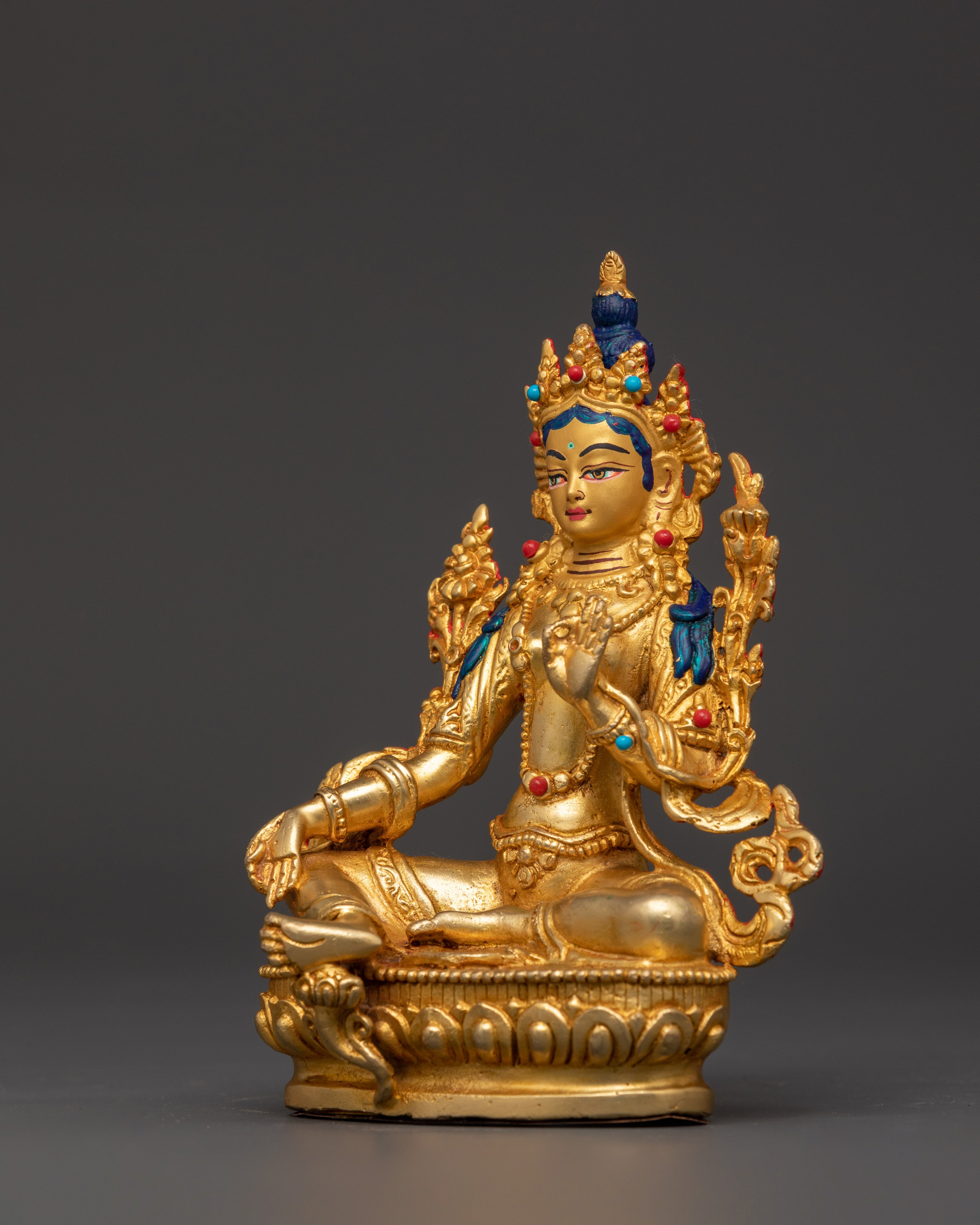 Green Tara Tibetan Goddess Statue | Gold Plated Copper Figurine with Turquoise and Coral