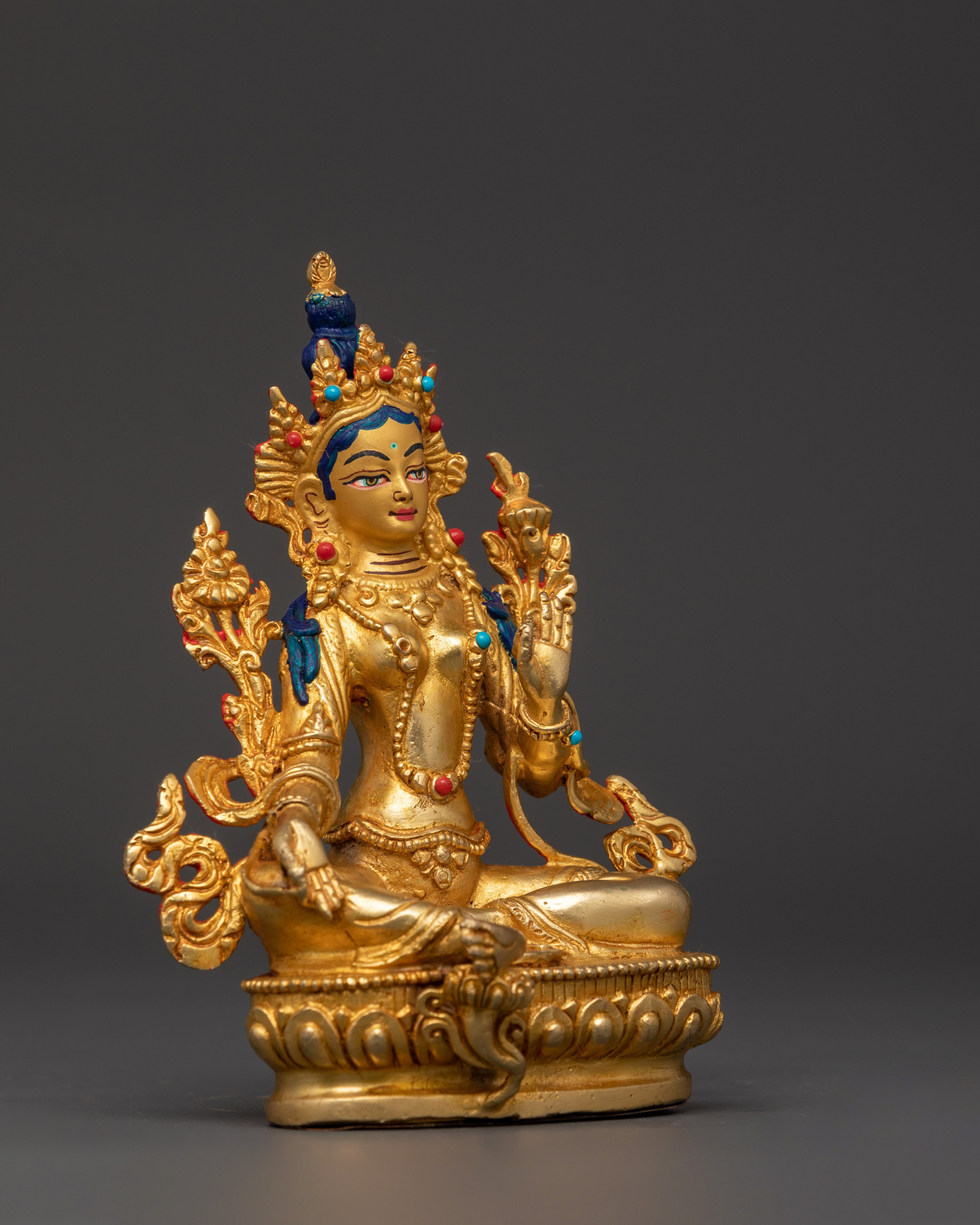 Green Tara Tibetan Goddess Statue | Gold Plated Copper Figurine with Turquoise and Coral