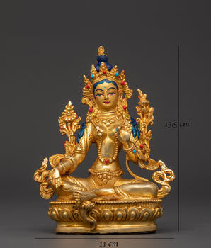 Green Tara Tibetan Goddess Statue | Gold Plated Copper Figurine with Turquoise and Coral