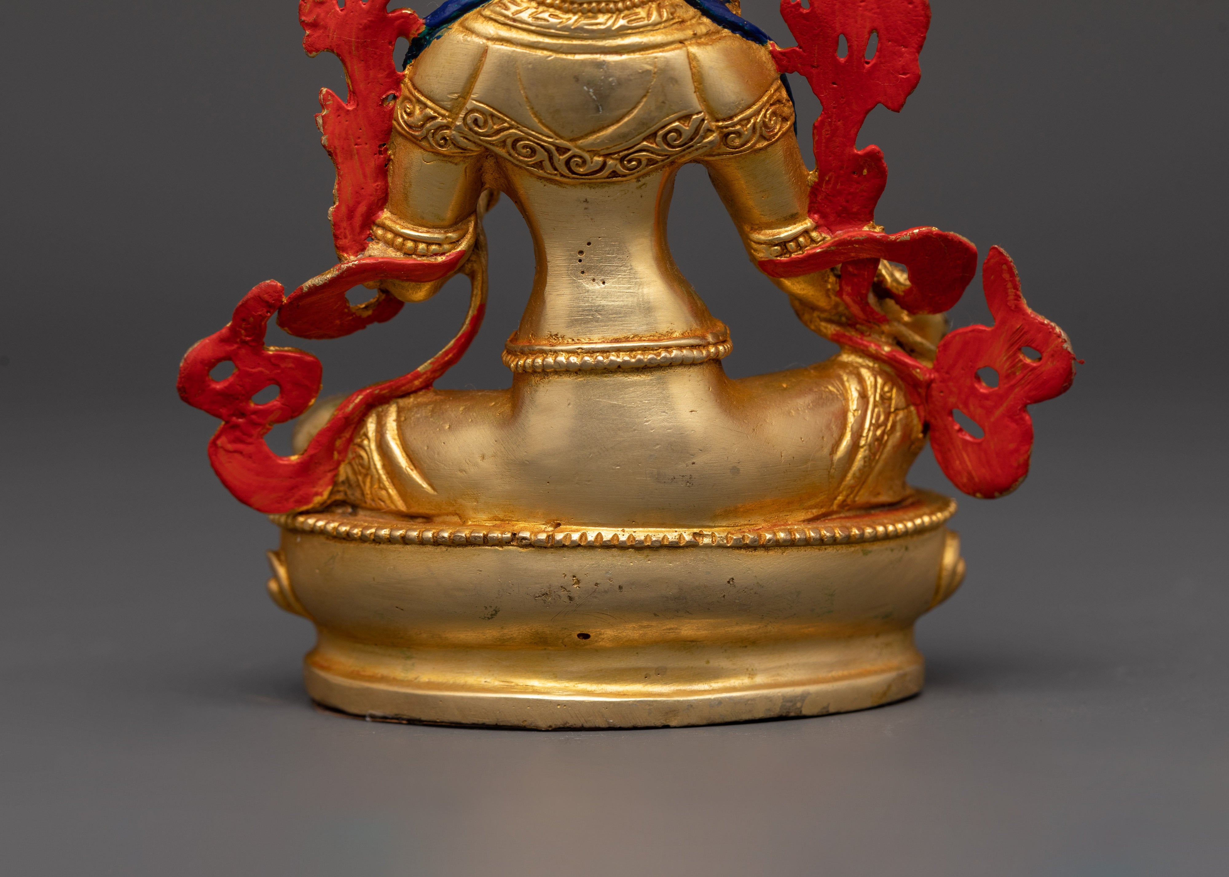Green Tara Tibetan Goddess Statue | Gold Plated Copper Figurine with Turquoise and Coral