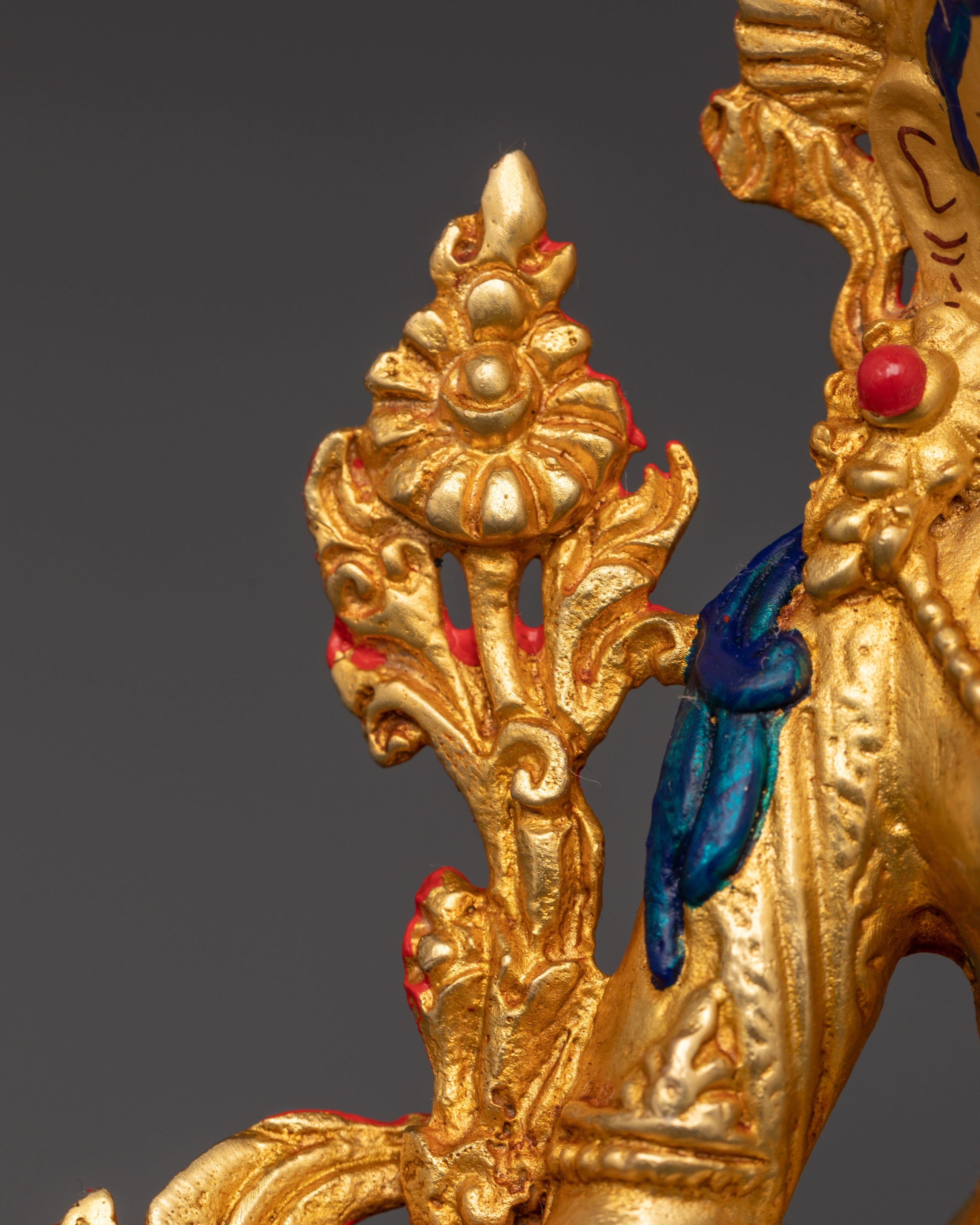 Green Tara Tibetan Goddess Statue | Gold Plated Copper Figurine with Turquoise and Coral
