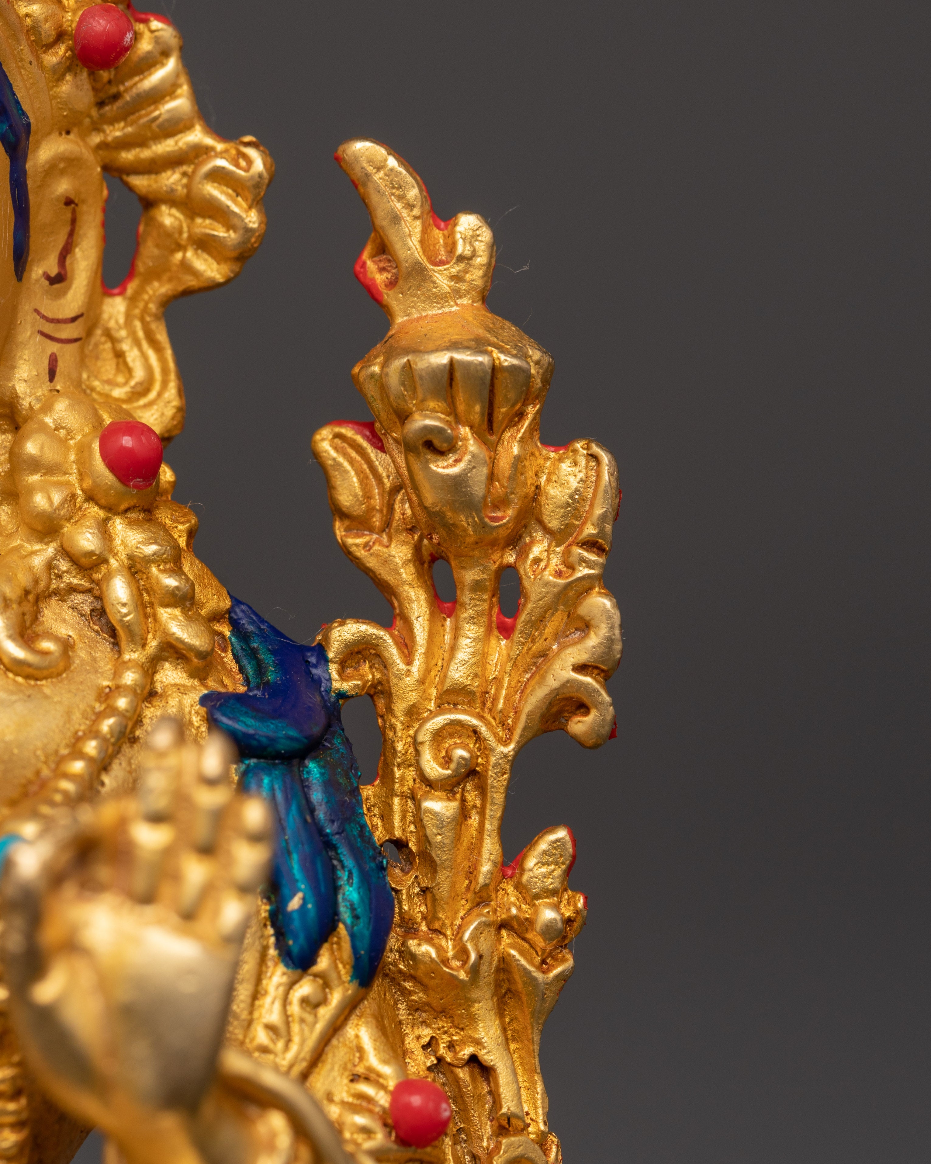 Green Tara Tibetan Goddess Statue | Gold Plated Copper Figurine with Turquoise and Coral