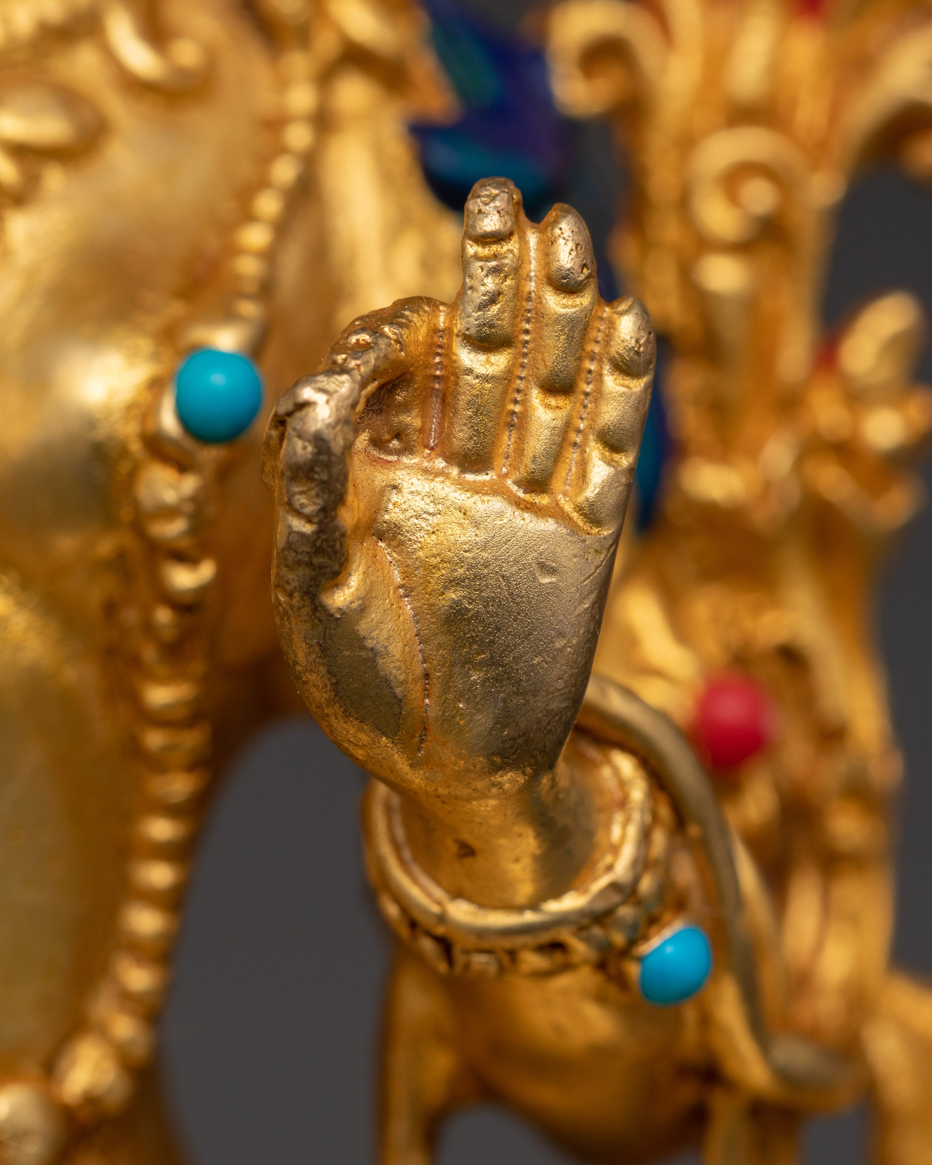 Green Tara Tibetan Goddess Statue | Gold Plated Copper Figurine with Turquoise and Coral