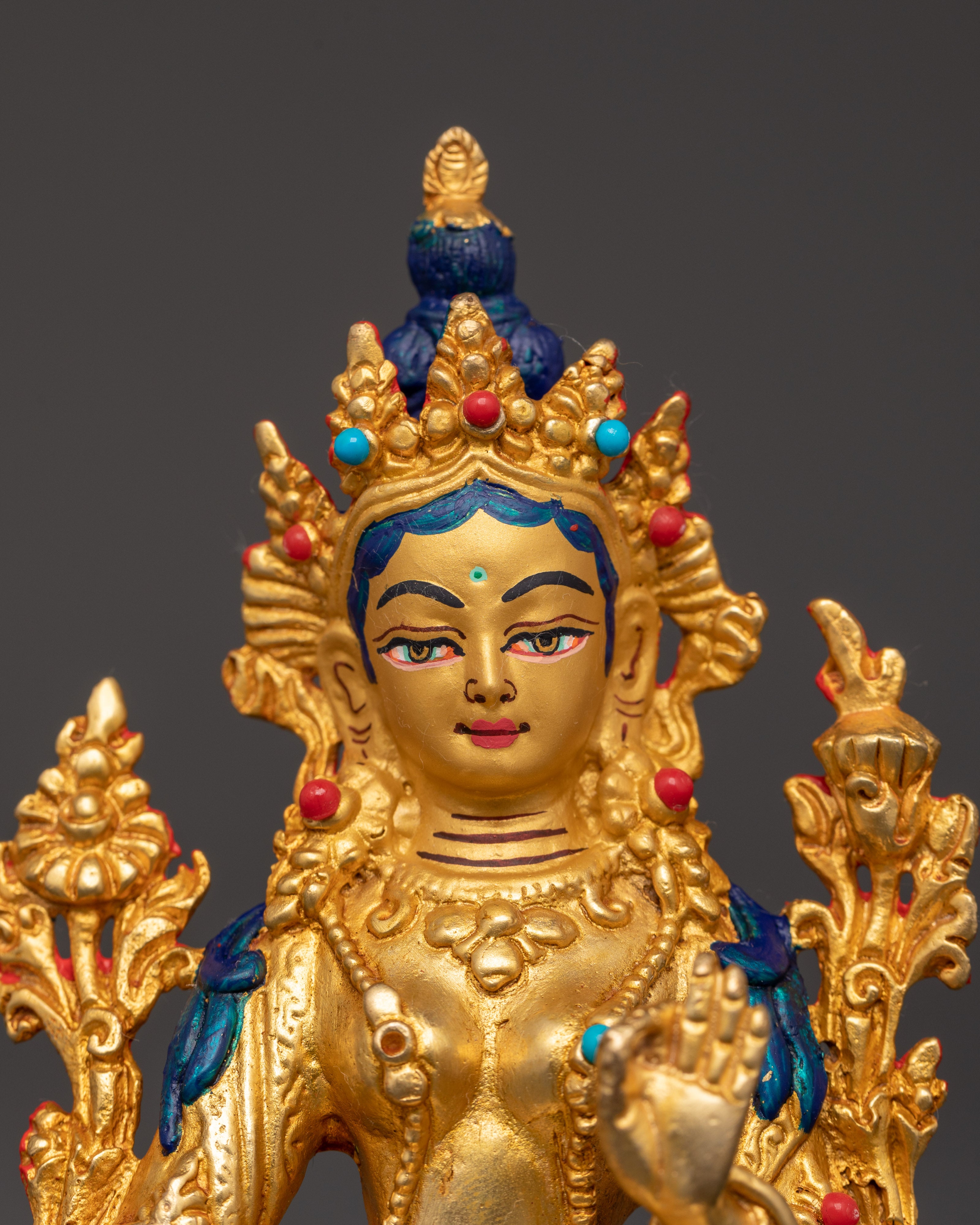 Green Tara Tibetan Goddess Statue | Gold Plated Copper Figurine with Turquoise and Coral