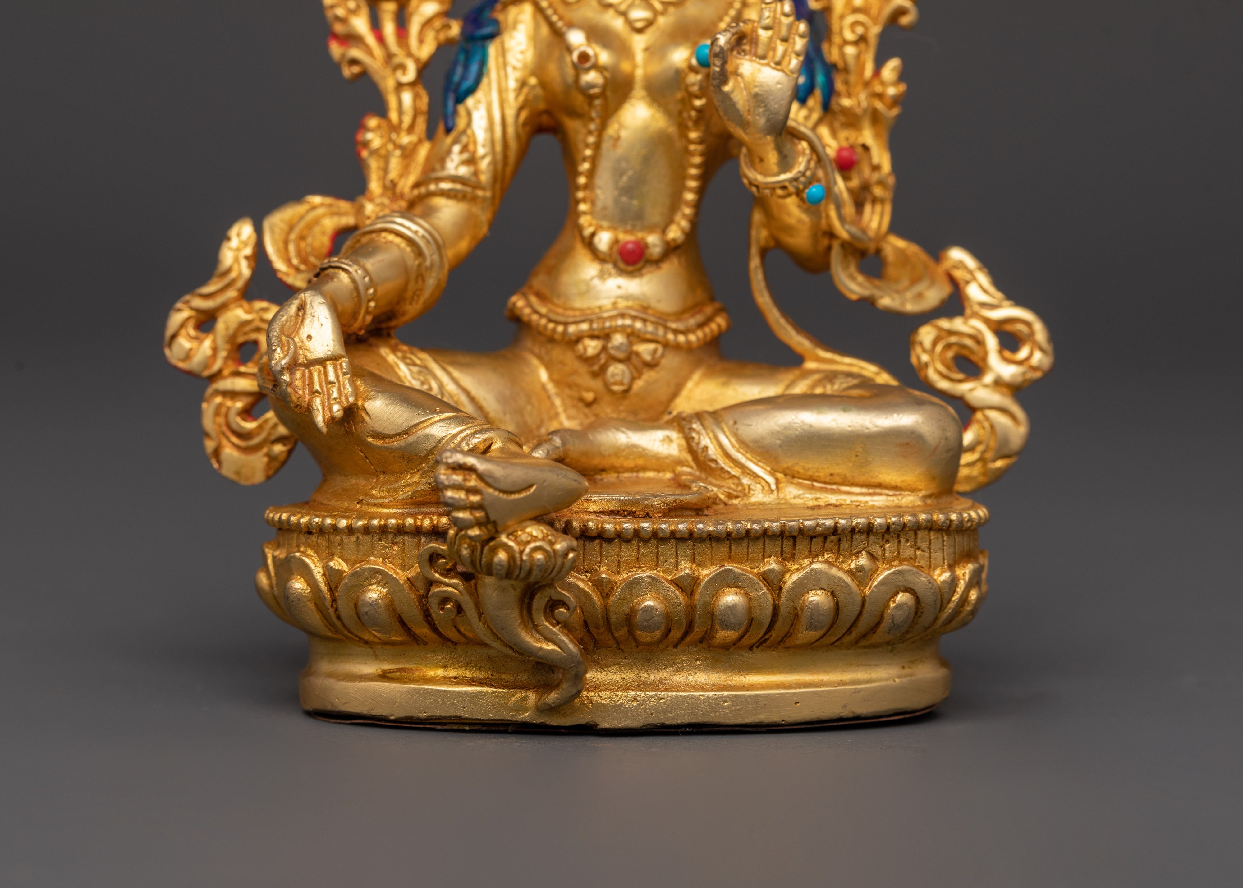 Green Tara Tibetan Goddess Statue | Gold Plated Copper Figurine with Turquoise and Coral