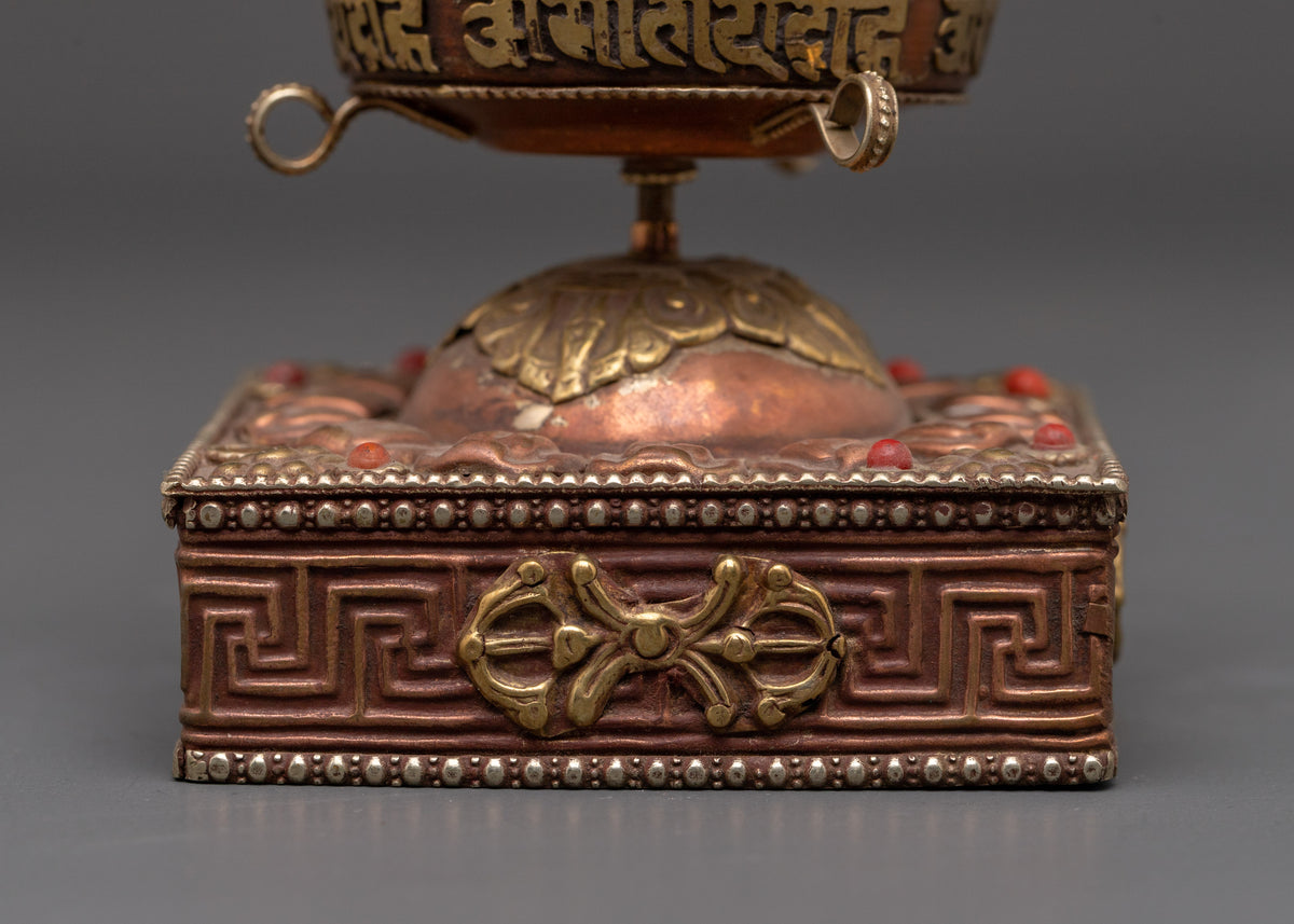 Handcrafted Prayer Wheel on Stand | Tibetan Sacred Religious Mantra Wheel