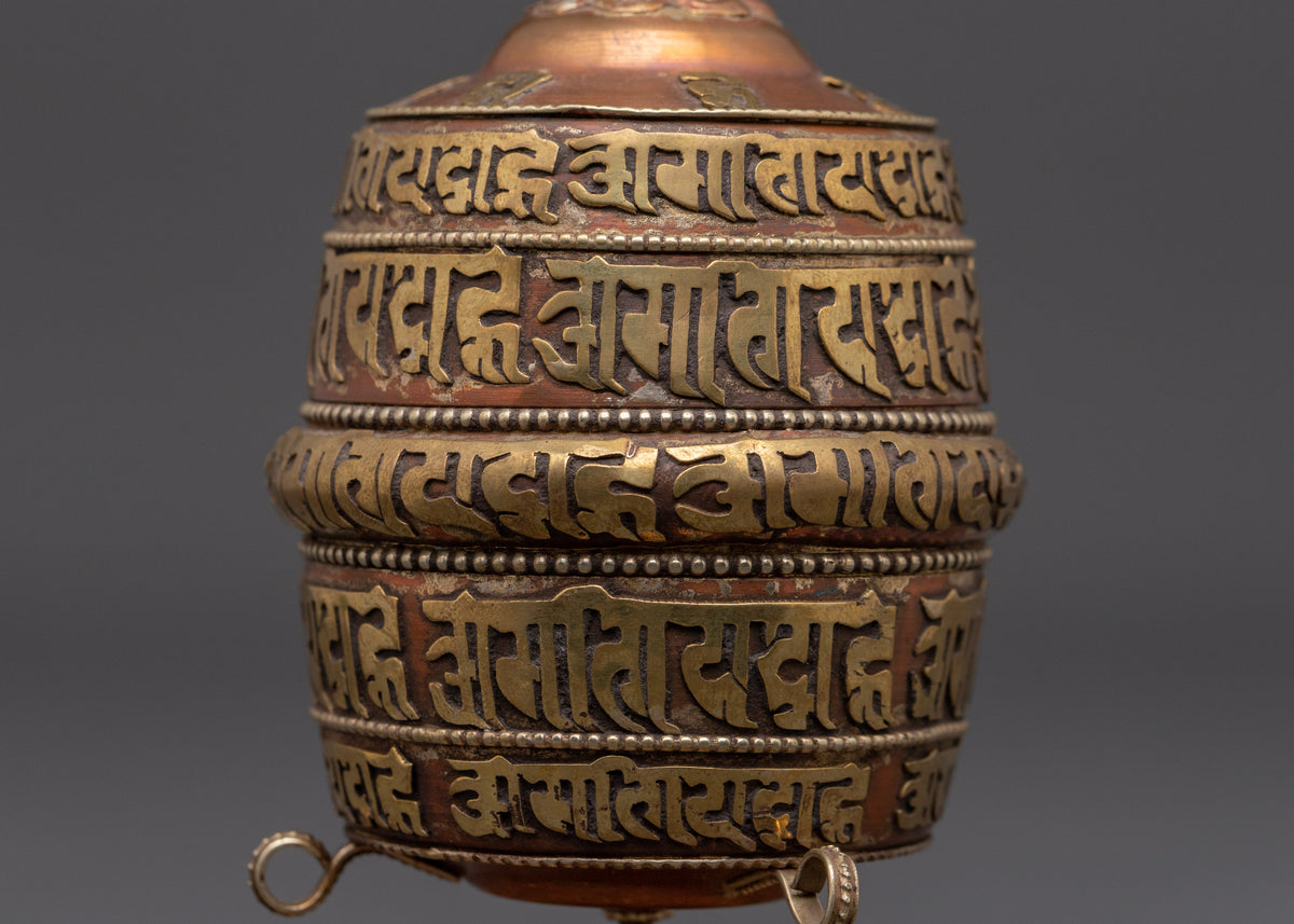 Handcrafted Prayer Wheel on Stand | Tibetan Sacred Religious Mantra Wheel