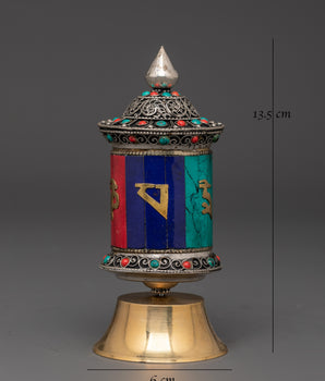 Handcrafted Mantra Wheel on Brass Stand | Om Mani Padme Hum Prayer Wheel
