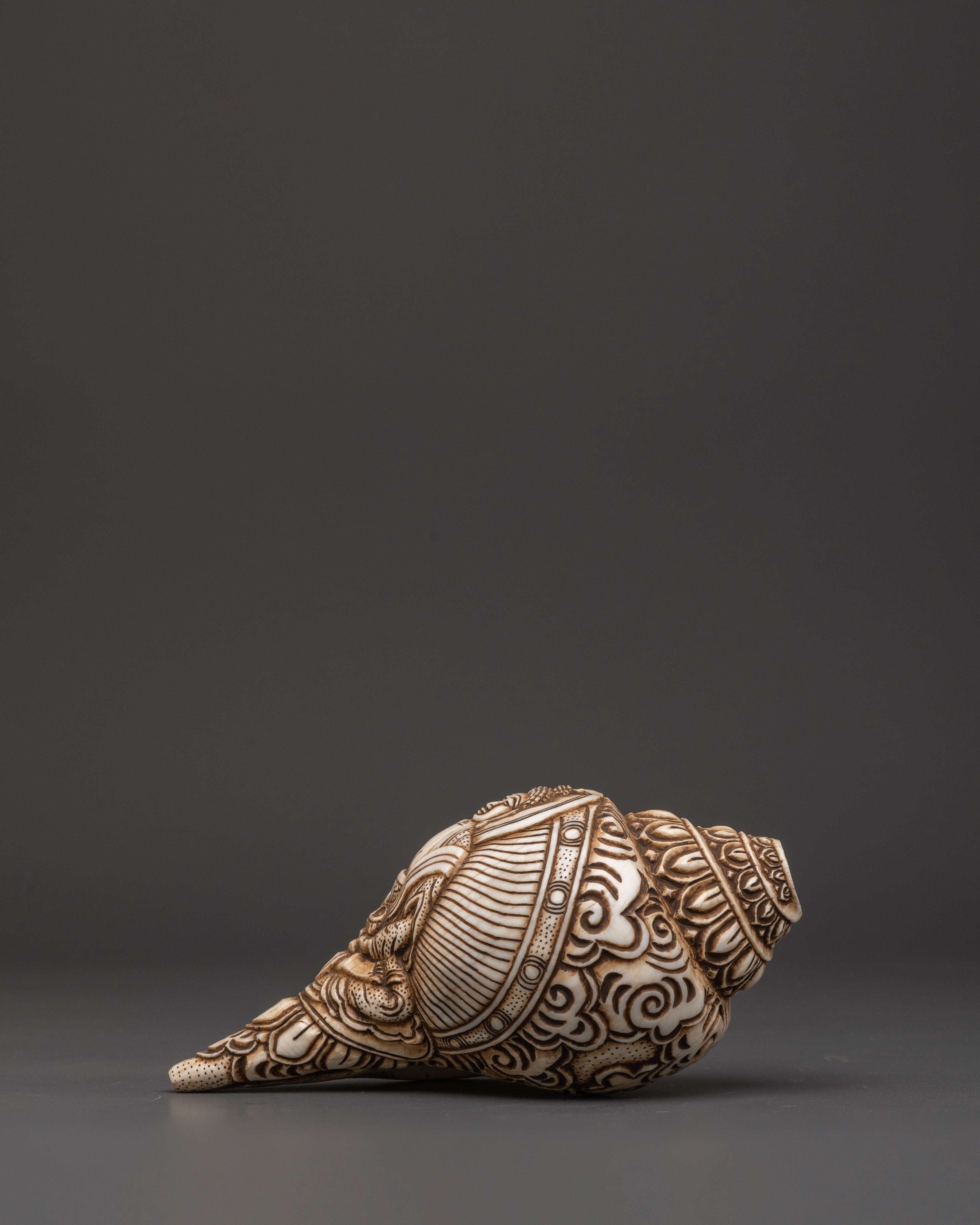 Shakyamuni Buddha Carved Conch | Handcrafted Tibetan Buddhist Ritual Object