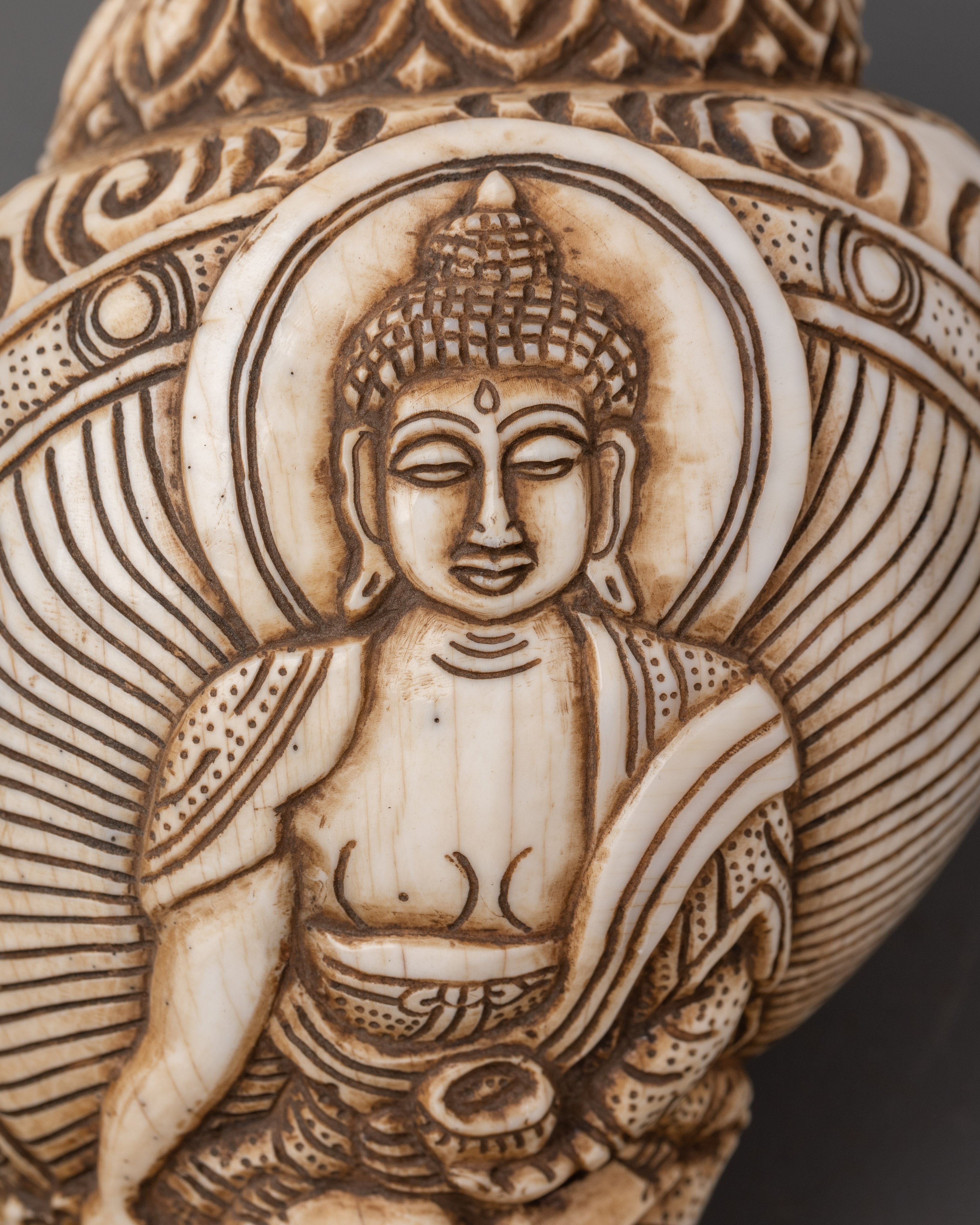 Shakyamuni Buddha Carved Conch | Handcrafted Tibetan Buddhist Ritual Object