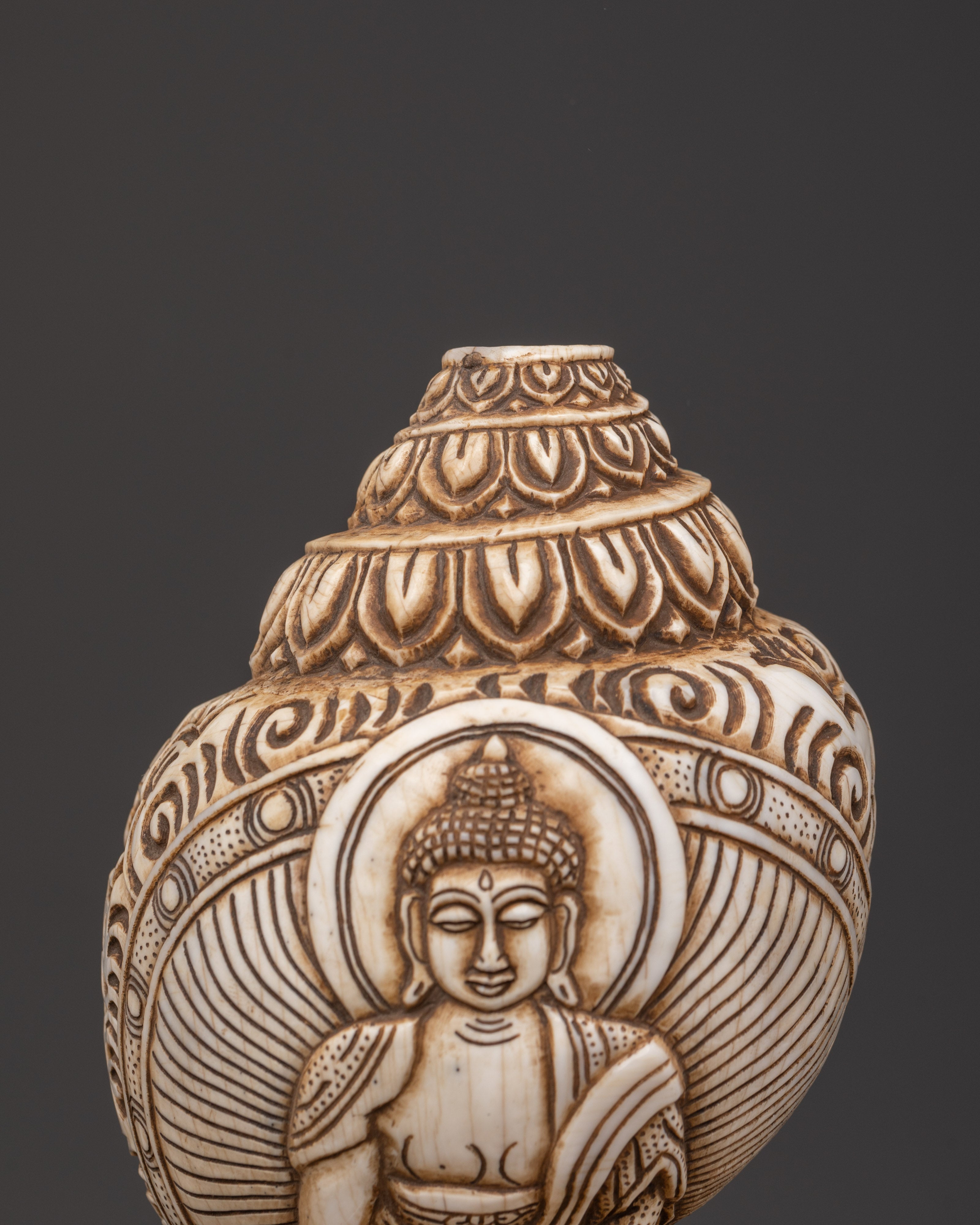 Shakyamuni Buddha Carved Conch | Handcrafted Tibetan Buddhist Ritual Object