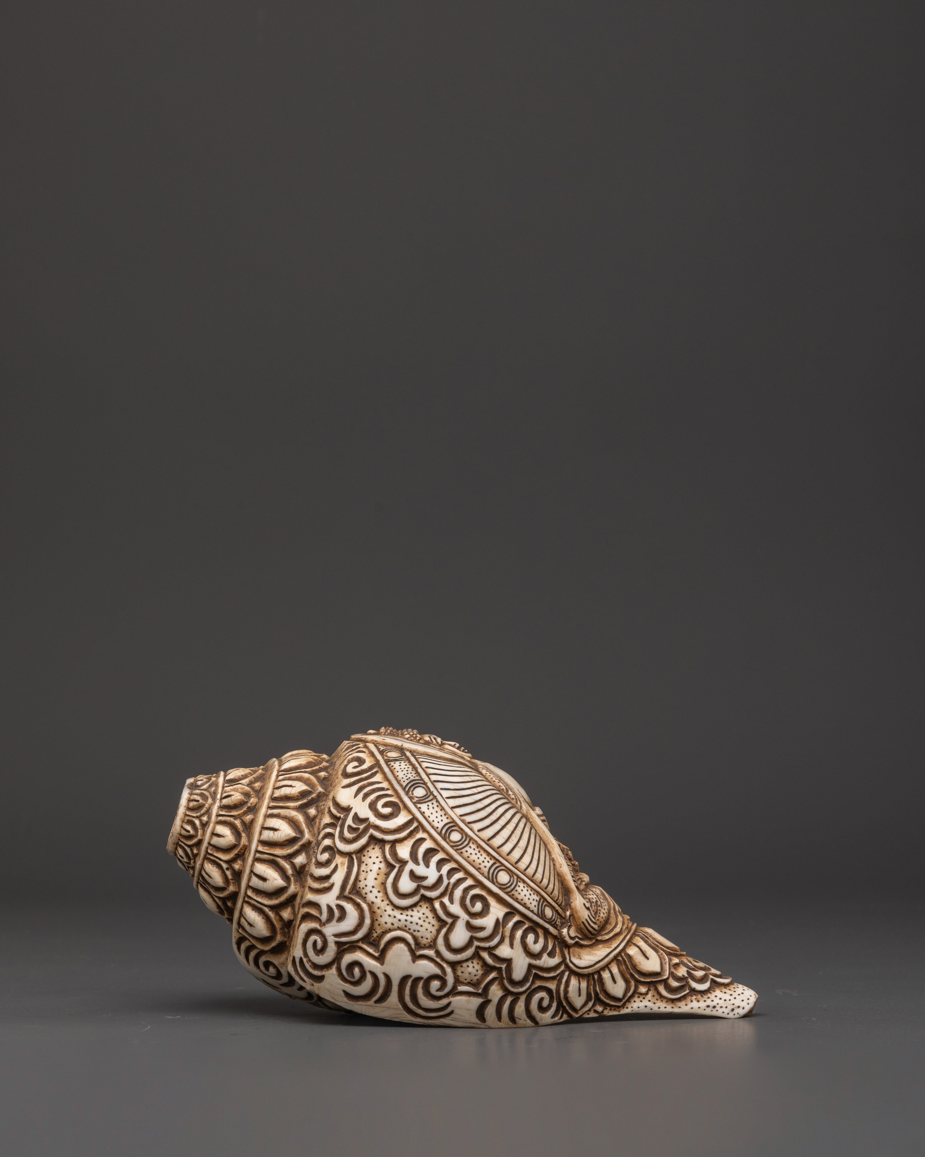 Shakyamuni Buddha Carved Conch | Handcrafted Tibetan Buddhist Ritual Object