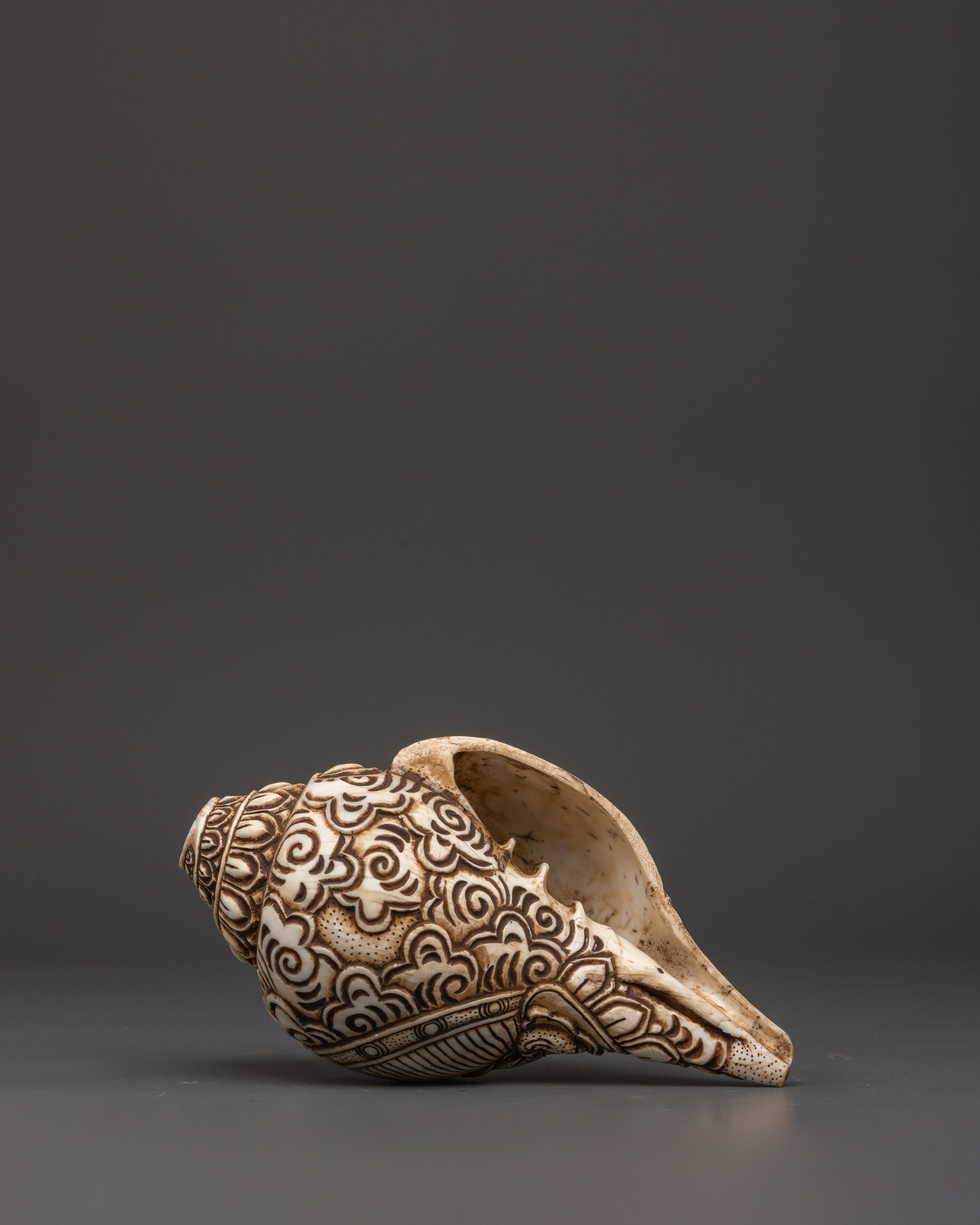 Shakyamuni Buddha Carved Conch | Handcrafted Tibetan Buddhist Ritual Object