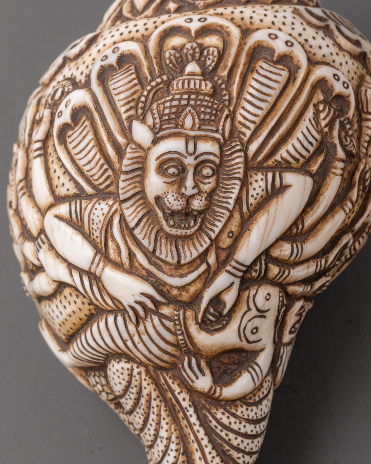 Narasimha Carved Conch Shell | Sacred Hindu Ritual and Meditation Artifact