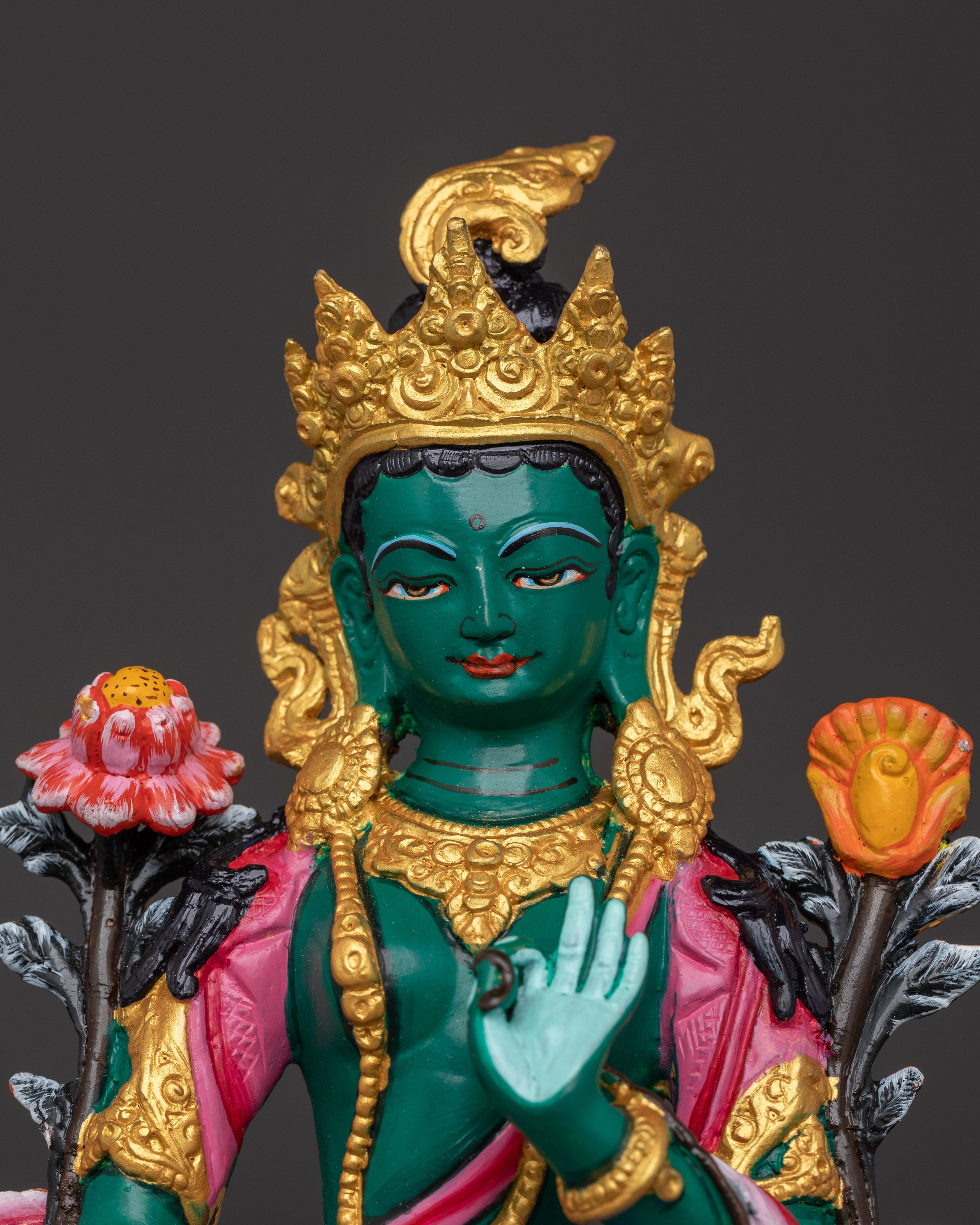 Himalayan Green Tara Sculpture | Handcrafted Copper Body with Acrylic Detailing