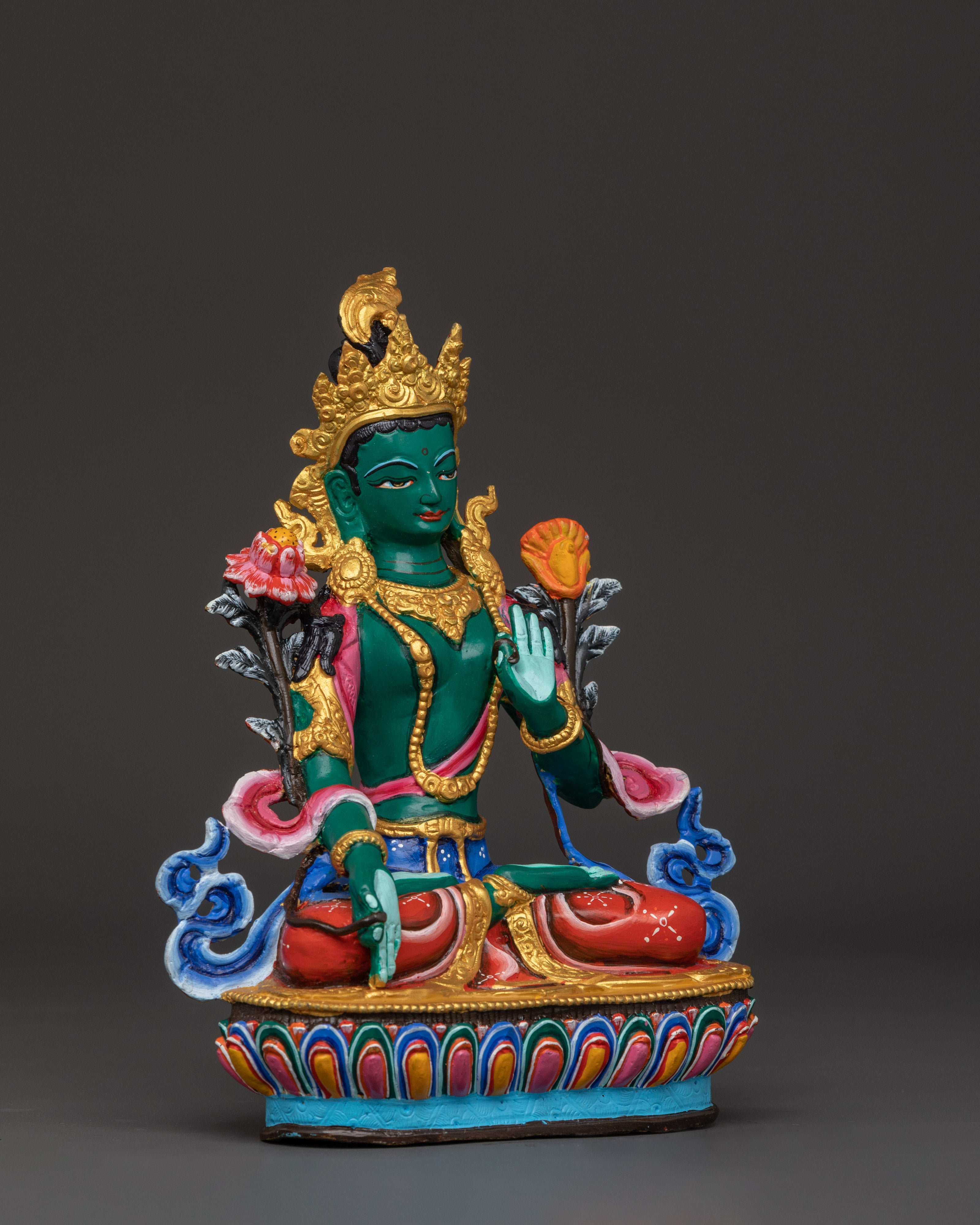 Himalayan Green Tara Sculpture | Handcrafted Copper Body with Acrylic Detailing