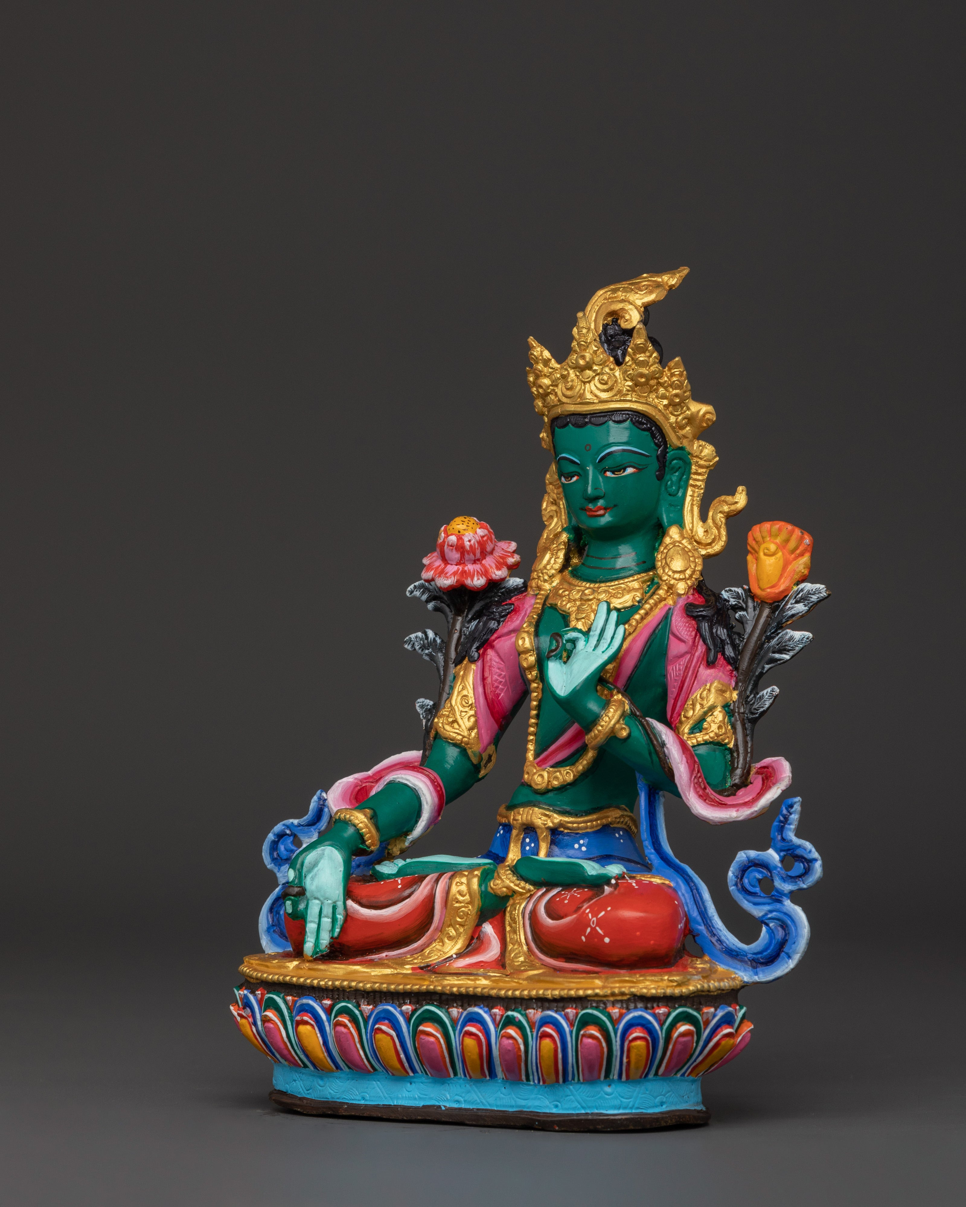 Himalayan Green Tara Sculpture | Handcrafted Copper Body with Acrylic Detailing