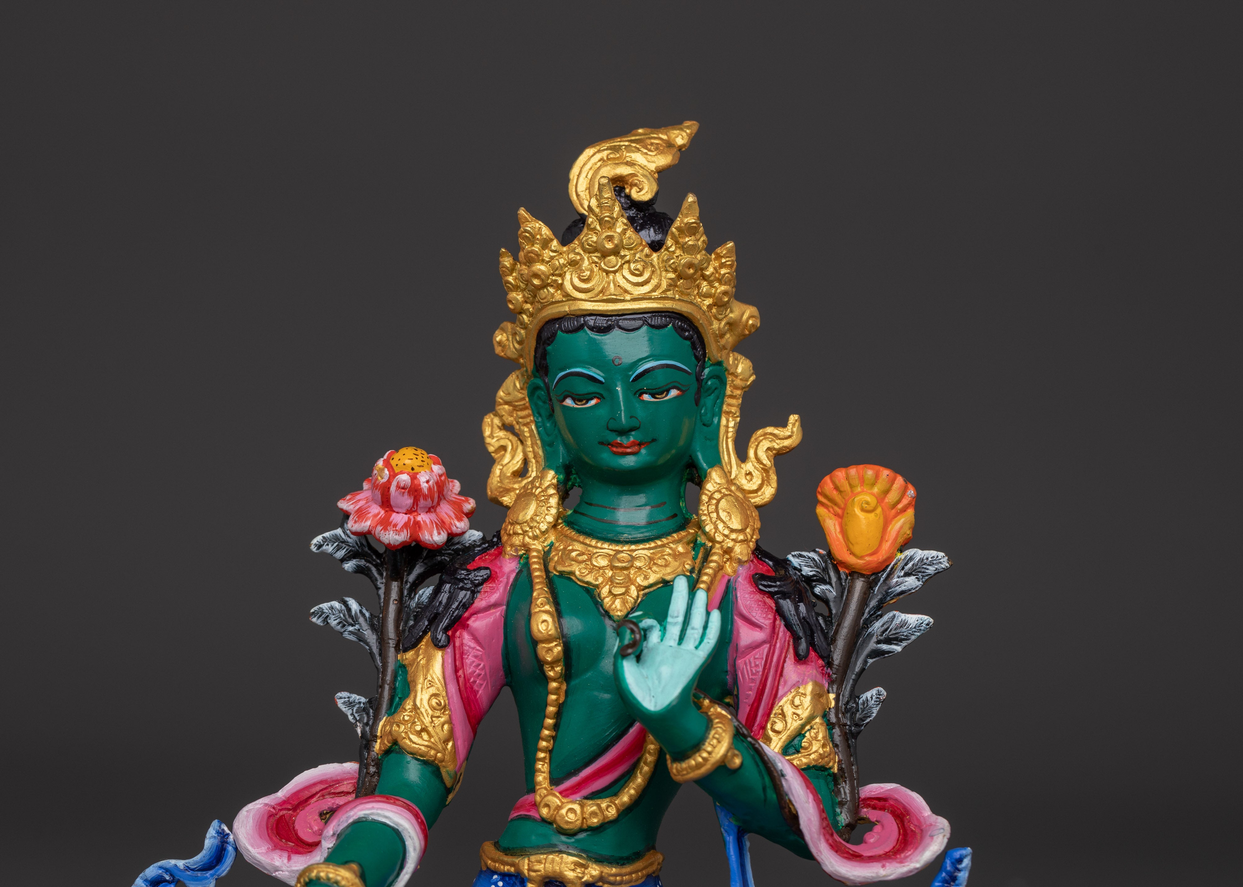Himalayan Green Tara Sculpture | Handcrafted Copper Body with Acrylic Detailing