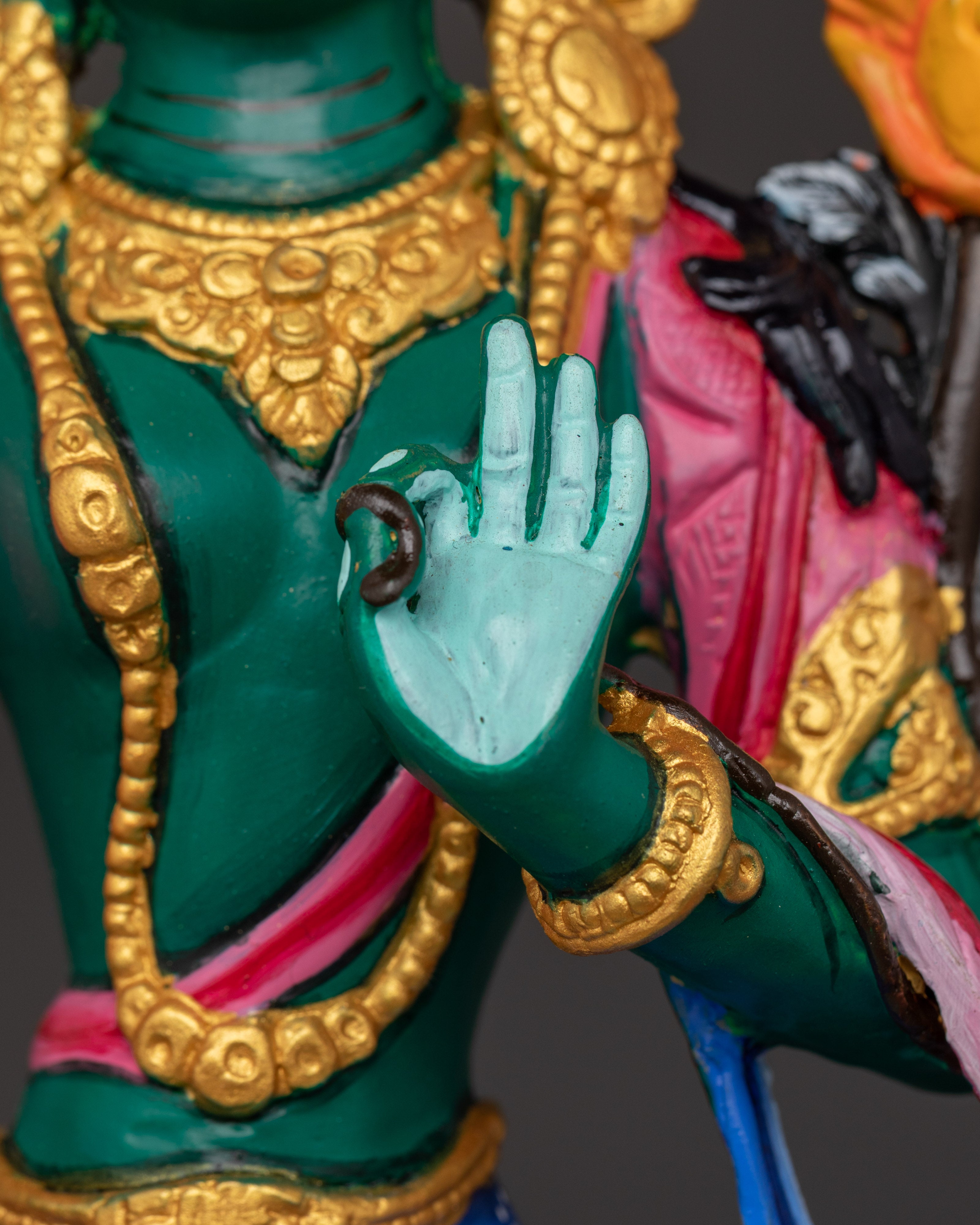 Himalayan Green Tara Sculpture | Handcrafted Copper Body with Acrylic Detailing