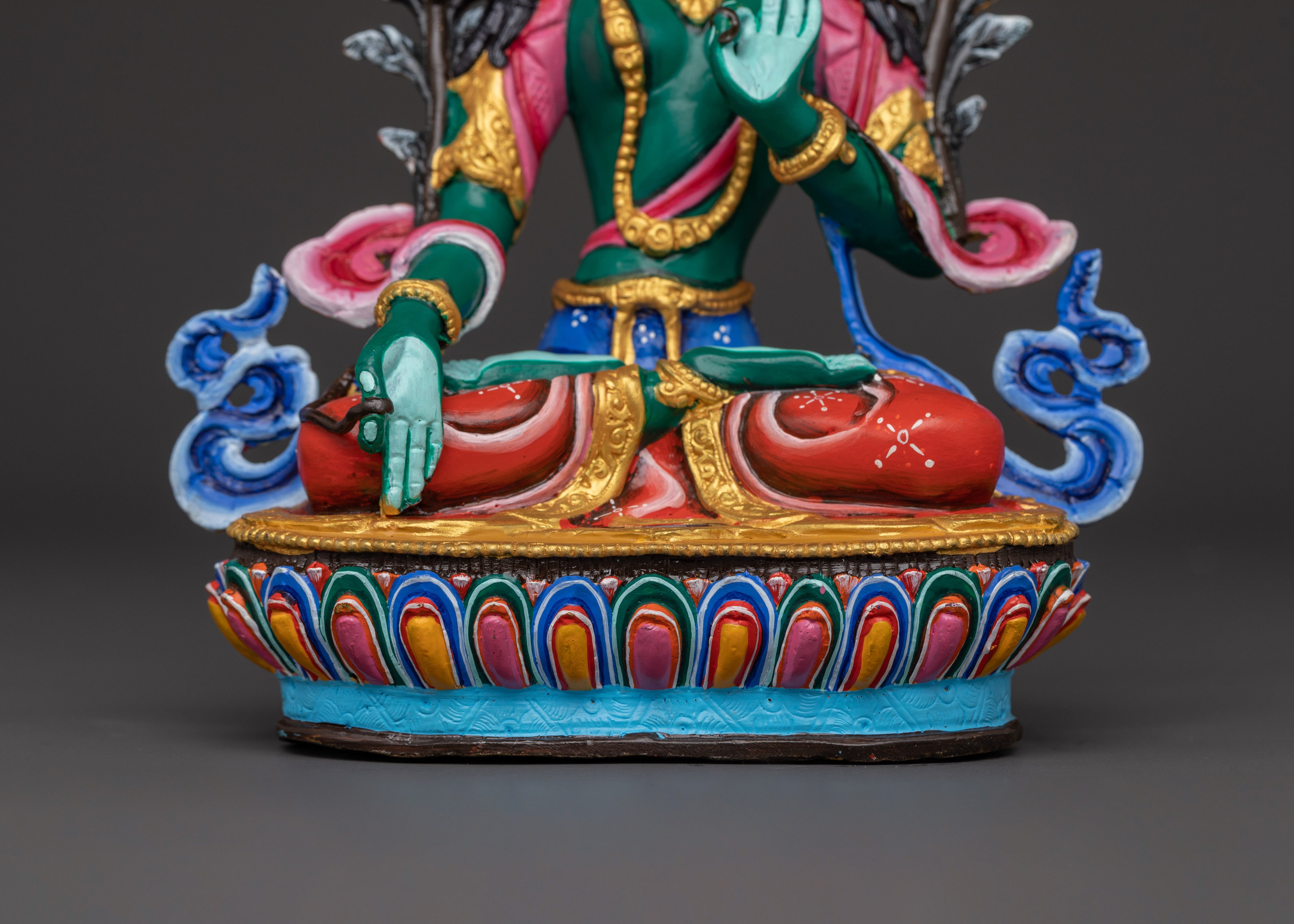 Himalayan Green Tara Sculpture | Handcrafted Copper Body with Acrylic Detailing