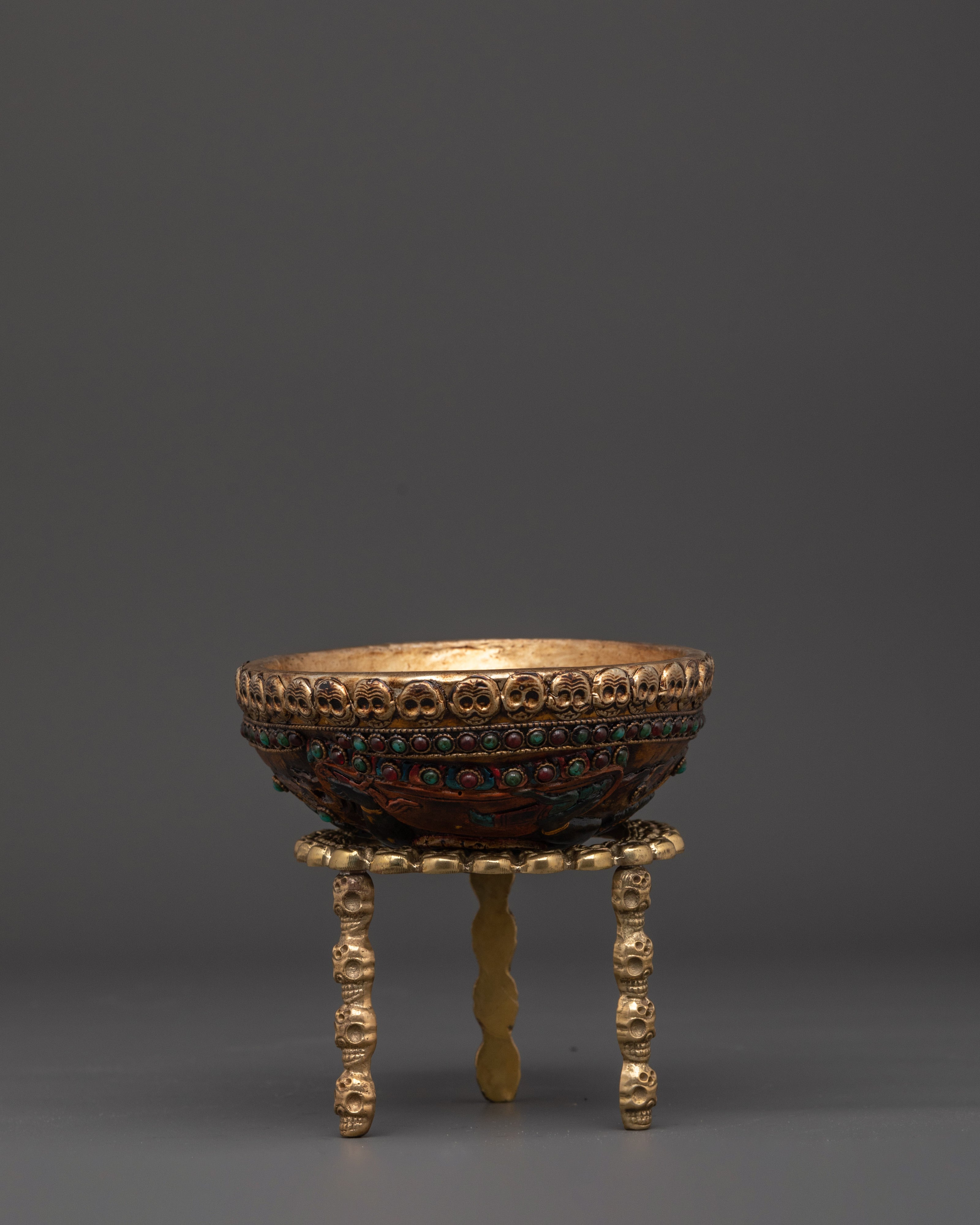 Handcrafted Resin Kapala with Brass Stand | Tibetan Ritual Skull Cup