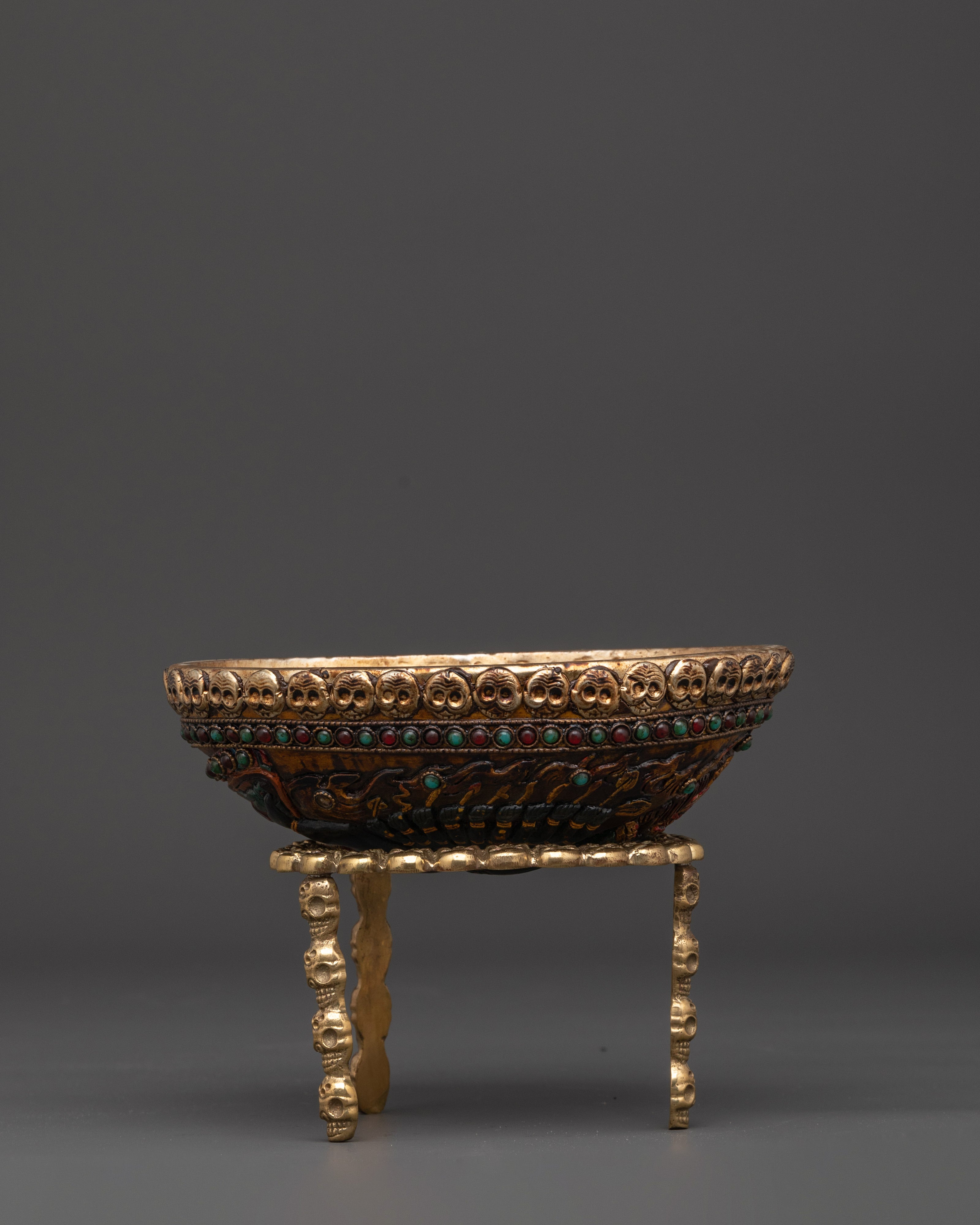 Handcrafted Resin Kapala with Brass Stand | Tibetan Ritual Skull Cup