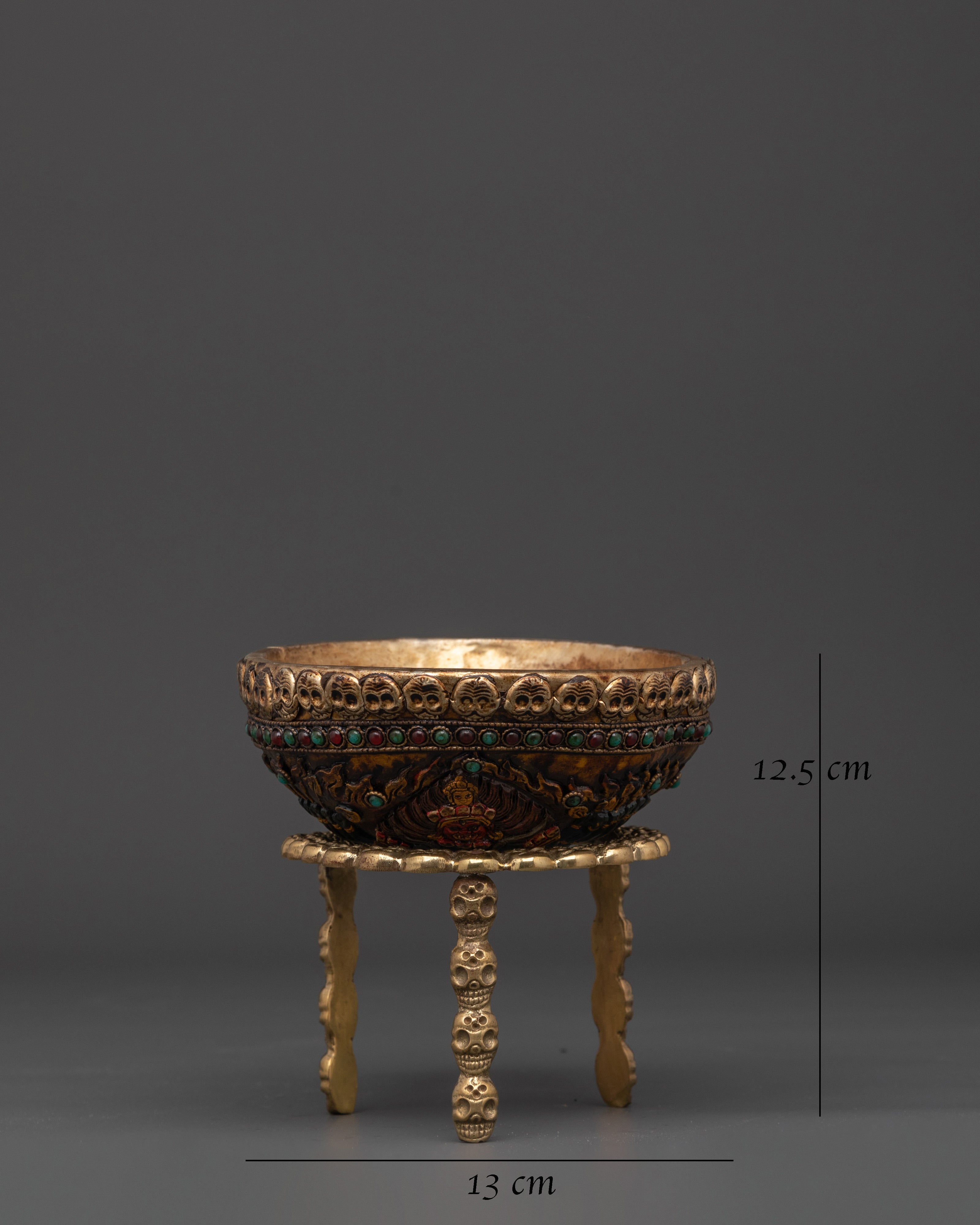 Handcrafted Resin Kapala with Brass Stand | Tibetan Ritual Skull Cup