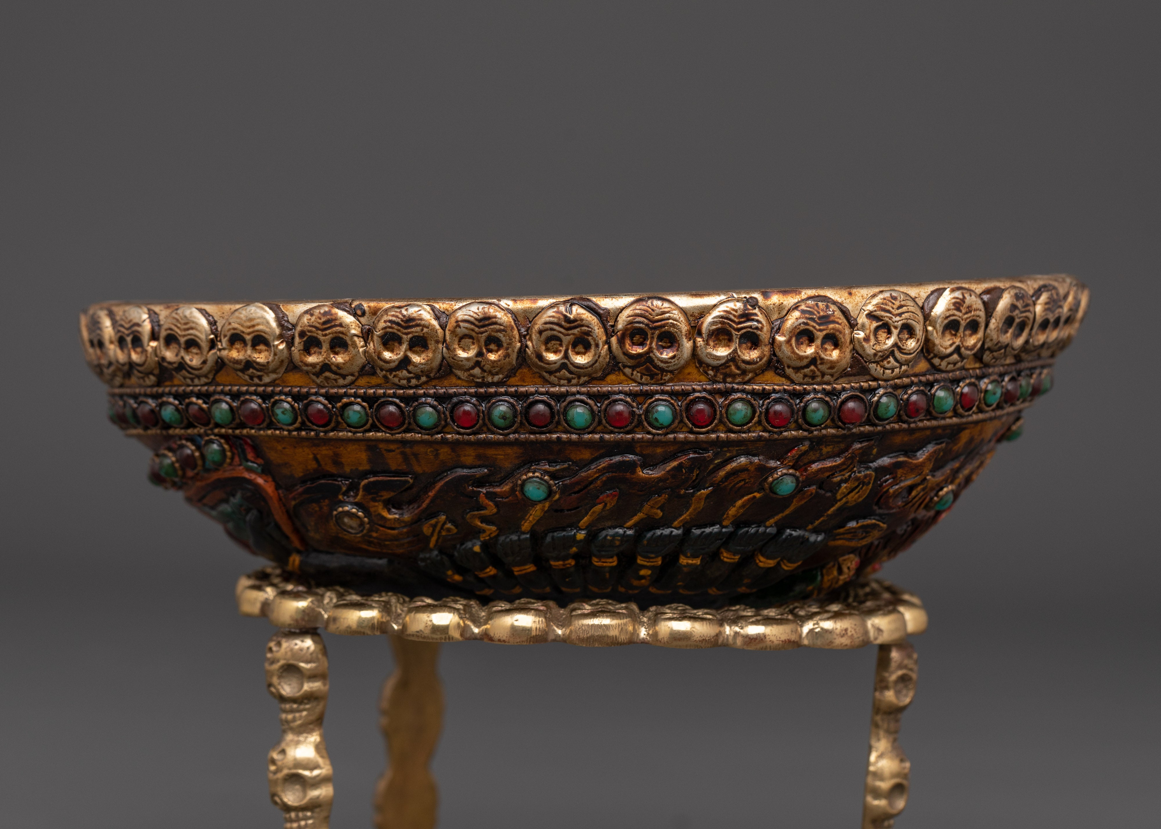 Handcrafted Resin Kapala with Brass Stand | Tibetan Ritual Skull Cup