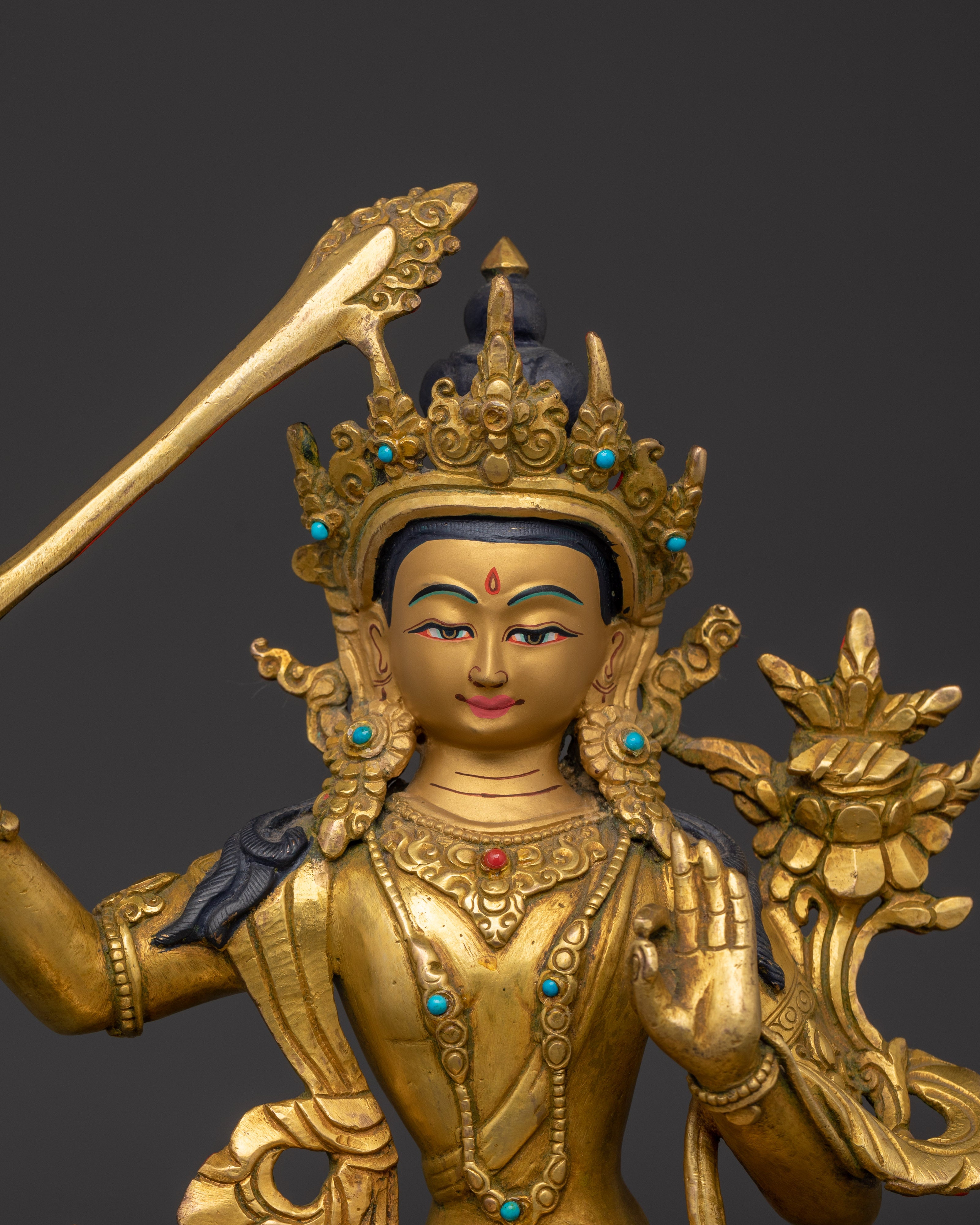 Manjushri Tantric Statue | Gold Plated Copper Wisdom Deity Sculpture