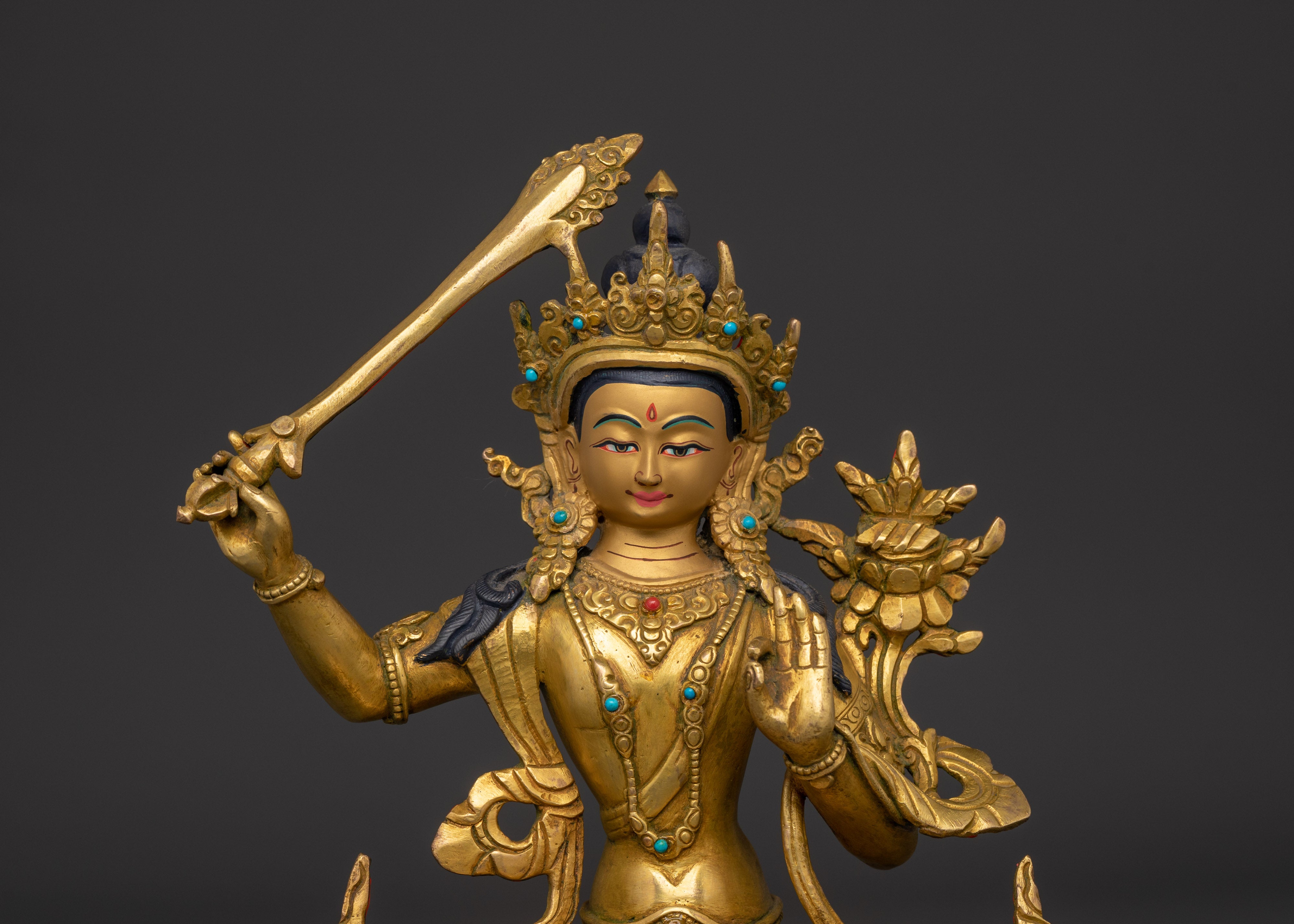Manjushri Tantric Statue | Gold Plated Copper Wisdom Deity Sculpture
