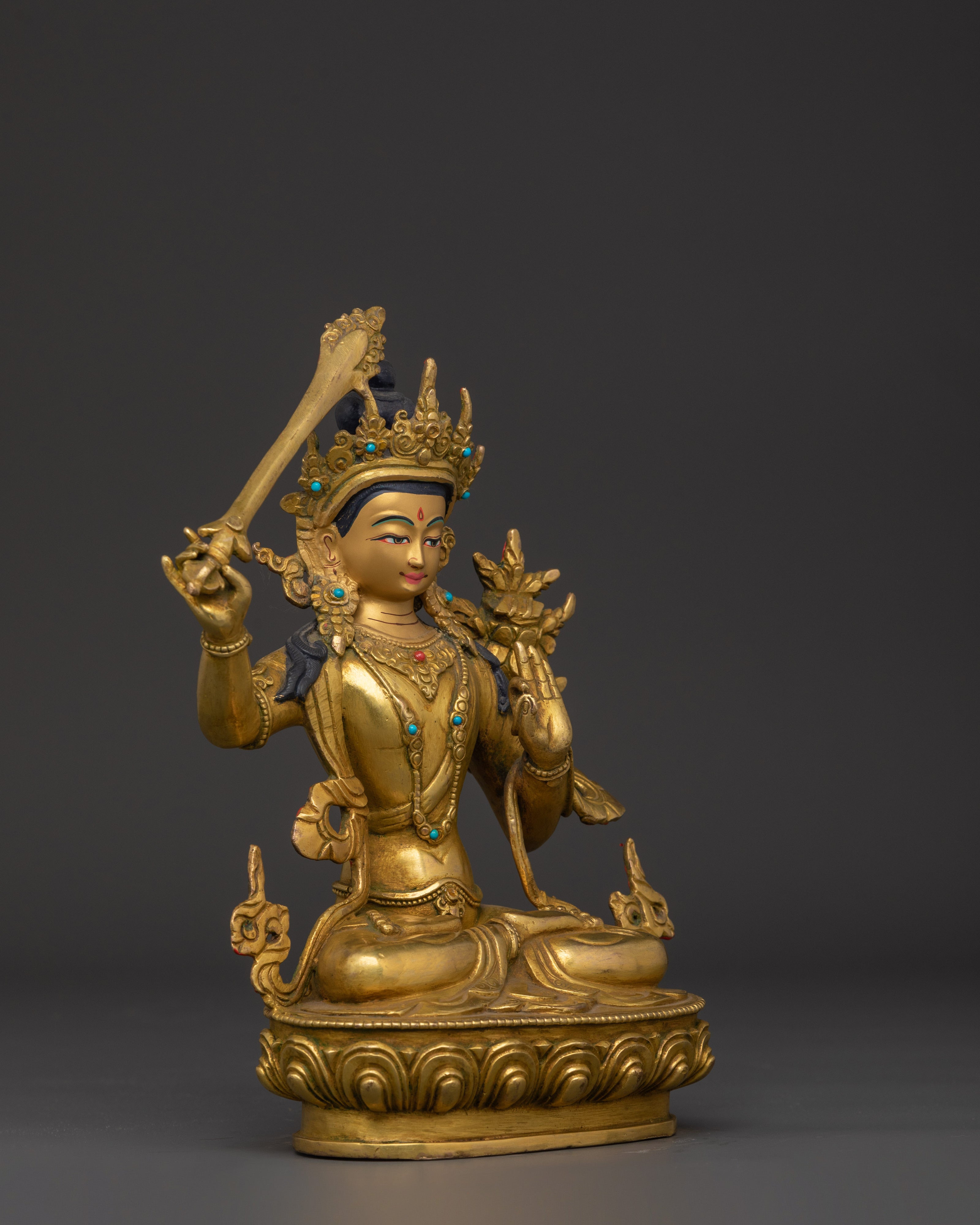 Manjushri Tantric Statue | Gold Plated Copper Wisdom Deity Sculpture